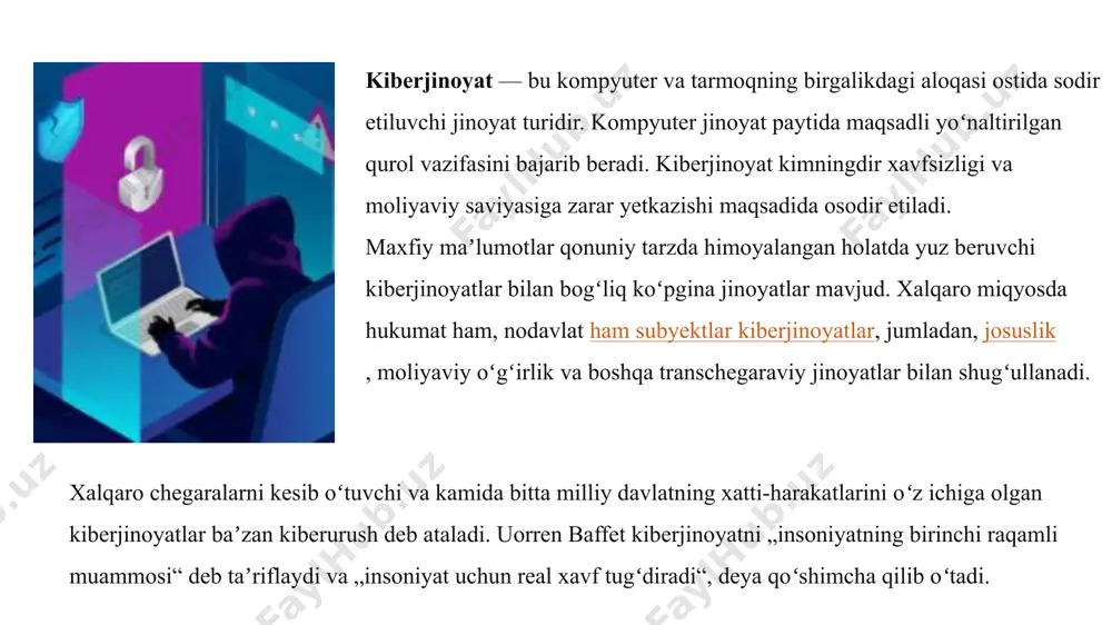 iqladi, shu bilan birga ularning aniqlash va jinoiy javobgarlikka tortilish ehtimoli aqshda 1 foizdan kamroqni tashkil qiladi. kiber tovlamachilik veb-sayt, elektron pochta serveri yoki kompyuter tizimi zararli xakerlar tomonidan qayta-qayta xizmat koʻrsatishni rad etish yoki boshqa hujumlarga duchor boʻlganda yoki tahdid qilinganda sodir boʻladi. bu xakerlar hujumlarni toʻxtatish va „himoya“ taklif qilish evaziga pul talab qiladi. federal qidiruv byurosiga koʻra, kiberjinoyat tovlamachilar korporativ veb-saytlar va tarmoqlarga tobora koʻproq hujum qilmoqda, ularning ishlash qobiliyatiga putur etkazmoqda va xizmatlarini tiklash uchun toʻlovlarni talab qilmoqda. har oy fqbga 20 dan ortiq holatlar haqida xabar beriladi va jabrlanuvchining ismini jamoatchilikka oshkor qilmaslik uchun koʻplari xabar qilinmaydi. jinoyatchilar odatda tarqatilgan xizmatni rad etish hujumidan foydalanadilar[18]. biroq, boshqa kiber tovlamachilik usullari mavjud, masalan, doksing tovlamachilik va hasharotlar brakonerligi. kompyuter firibgarligi — bu boshqa shaxsni yoʻqotishga olib keladigan biror narsa qilish yoki qilmaslikka imkon berish uchun haqiqatni har qanday notoʻgʻri koʻrsatish. shu nuqtai nazardan, firibgarlik quyidagi yoʻllar …