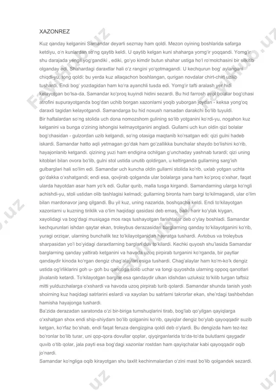 bog‘ uning birdan-bir hamdardi, uning so‘zsiz suhbatdoshiga aylandi. ko‘ngli qachon yolg‘izlikni yoki qishloq xotiralarini qo‘msab qolganda, samandar bog‘ga kirar va qarovsiz daraxtlarga qarab, bolalik paytlarini eslardi. samandar daraxtlardan anqiydigan chirkin hidni tuyar ekan, novdalarga, shox-shabbalarga, xazon uyumlariga to‘lib yotgan, daraxtlari bo‘talab ketgan bu bog‘ unga har qanday so‘lim va bejirim xiyobonlardan go‘zalroq tuyulardi. kuz yoki bahor paytlari shaharga adashib kirib qolgan dovullar, bog‘dagi keksa daraxtlarning shoxlarini, qasir-qusur sindirar ekan, samandarning ko‘nglida ham nimalardir qasi-qisirlab ketardi. shunday paytlari uyqusi uchib, tuni bilan bezovta bo‘lib chiqar va ertalab bekatga chiqa turib, dovulga dosh berolmagan shoxlarning mag‘lub botirning singan nayzasiday yerga osilib turganini ko‘rardi; shunday lahzalarda daraxtlarga azbaroyi rahmi kelganidan, bu yildan boshlab bog‘ga bog‘bon tayinlashlarini so‘rayman, deb ahd qilardi. jikkakkina bog‘bon esa uch yil oldin qazo qilgandi. undan keyin bog‘ o‘z xarajatini qoplolmagani uchun tashlandiq bo‘lib qoldi. lekin bahor kelishi bilan bog‘ yovvoyi gullarning va yam-yashil daraxtlarning nafis-muattar hidlariga to‘lib ketar ekan, …