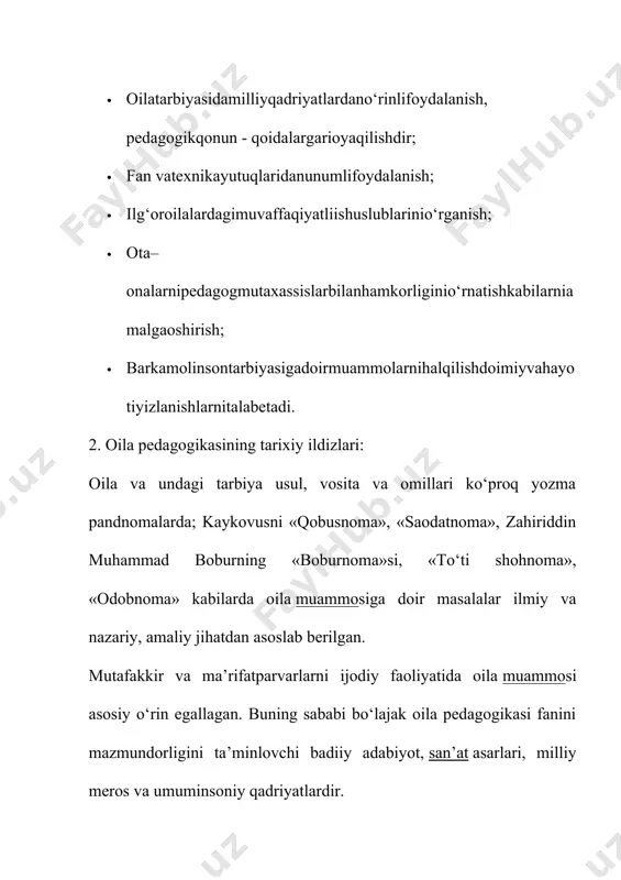siga e’tiborsizlik bilan qarab, donishmandning bolasi joxil bo‘lib qolayotganligidan afsuslanadi. buning uchun oila muhitida ota-onalar bilan bolalar o‘rtasida o‘zaro hurmat bo‘lgandagina tarbiyada yaxshi natijalarga erishish mumkin bo‘ladi. inson tug‘ilgan paytidanoq tarbiyaga muhtojdir. uning ilk tarbiyachilari albatta ota-onasidir. ma’rifatparvar munavvar qorining «oila a’zolari» nomli darsligininig bo‘limlarida ota-onani hurmatlash, aka-uka qarindosh urug‘ini e’zozlash kabi g‘oyalar alohida o‘rin egallaydi. kishining bor ersa ota-onasi g`‘animatdir unga olarning rizosi xudoni qoshida qabul ekandir ota va onaning baloga duosi oilada farzand dunyoga kelgandan boshlab oilaning jamiyat oldida javobgarligi kundan kunga ortib boradi. chunki o‘sib kelayotgan avlodning taqdiri ana shu muammoning hal qilinishi bilan uzviy ravishda chambarchas bog‘langandir. abdurauf fitrat 1916 yilda «oila» nomli falsafiy asarini yozgan bo‘lib, unda oilaviy xayotni isloxotidan baxs yuritilgan va adib najot yo‘llarini axtarib xalqlarning umuminsoniy qardoshlik g‘oyasini targ‘ib etgan. fitrat oilani ijtimoiy vazifalari deb, «avlod tarbiyasi», «fikriy tarbiya», «axloqiy tarbiya» kabi qismlarga bo‘ladi. insonning ma’naviy va aqliy xislatlarini, asosan, uning olgan …