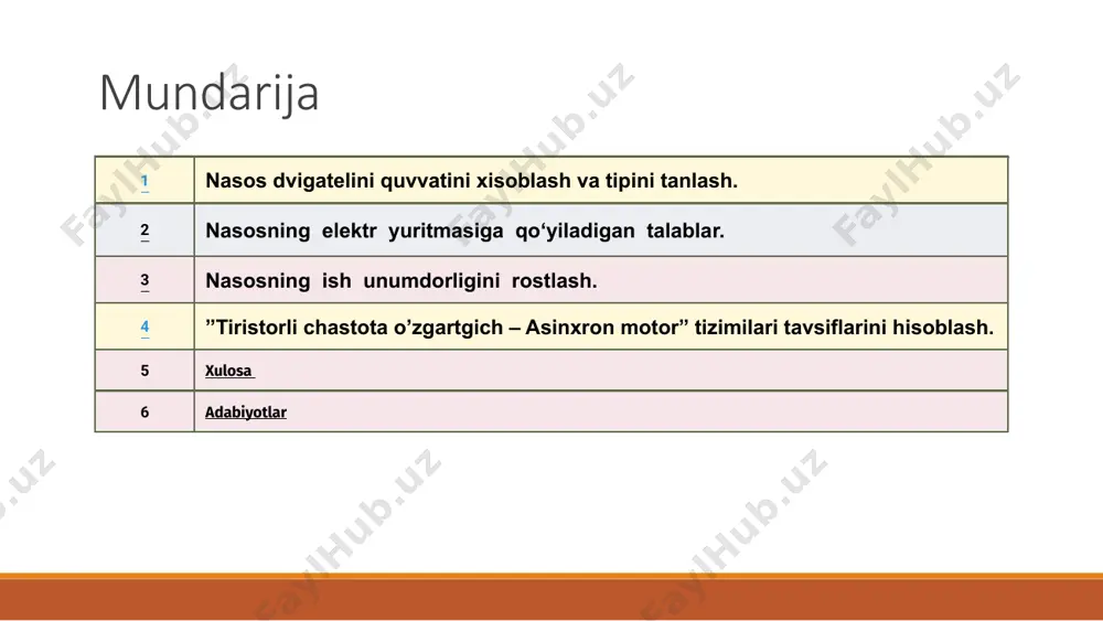 riga kiradi. tezligi rostlanmaydigan nasos qurilmalari qisqa tutashtirilgan rotorli asinxron dvigatellar qo‘llaniladi, ular 380 v kuchlanishli tarmoqdan ta’minlanadilar. quvvati 100 kvt dan katta bo‘lgan nasoslar elektr yuritmasi sifatida 6 va 10 kv kuchlanishli tarmoqdan ta’minlanadigan asinxron yoki sinxron dvigatellar qo‘llaniladi, ular to‘g‘ridan-to‘g‘ri to‘la kuchlanish bilan ishga tushiriladi. parrakli nasoslar ko‘p hollarda yuqori tezlikka ega bo‘ladi, ularni to‘g‘ridan-to‘g‘ri dvigatelga ulash mumkin. nasoslarni yopiq zadvijka bilan yoki ochiq zadvijka bilan ishga tushiriladi. yopiq zadvijka bilan ishga tushirilganda dvigatelni ishga tushrish momenti uning nominal momentini 0,2-0,3 ulushini tashkil etishi kerak. agar bunda truboprovod yopiq bo‘lsa ham xavfli bo‘sim hosil bo‘lmaydi, chunki bunda quvvat dvigatelni nominal quvvatini 40%ni tashkil etadi holos. nasosning ish unumdorligini rostlash. nasosning ish unumdorligini oshirishga qaratilgan tadbirlar ular iste’mol qilayotgan elektr energiyani tejashda katta axamiyatga ega. nasoslarning ish unumdorligini to‘rt hil usul bilan rostlash mumkin: truboprovodlarni qarshiligini o‘zgartirish yani magistralga zadvijkalarni kiritish; dvigatelni burchak tezligini o‘zgartirish; magistralga ishlayotgan agregatlarni sonini …