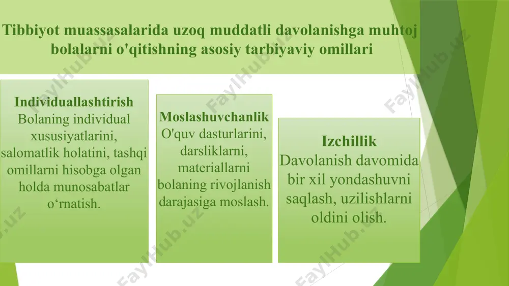faoliyatlarni tashkil etish. 16 individual yondoshuv asosida bolalarni ijtimoiy moslashtirishning pedagogik shartlari ta'lim-tarbiya jarayonlarini individual xususiyatlarga moslash-tirish bolalarning qiziqish va qobiliyatlarini hisobga olgan holda ta'lim-tarbiya jarayonlarini tashkil etish. jamoa va oila bilan samarali hamkorlik bolalarning moslashuvi va rivojlanishida ota-onalar va tashkilotlar bilan hamkorlik muhim ahamiyat kasb etadi. emosional-ruhiy qo'llab-quvvatlash bolalarning ruhiy holati va psixologik xususiyatlarini hisobga olish va ularga ko'maklashish. 17 o'qituvchilaming tibbiyot muassasalaridagi o'rni va roll o'qituvchilar tibbiyot muassasalarida o'quvchilarning o'qishlarini, umumniy holatlarini nazorat qilib, ularni ta'lim va tibbiy xizmatlarni uzluksiz olib borishga ko'maklashadi. ular yosh bemorlarning bilim va ko'nikmalarini rivojlantirish, hamda ularga amaliy ko'nikmalarni o'rgatishda muhim rol o'ynaydi. 18 dars davomiyligi 1 moslashuvchanlik dars davomiyligi talabalaming tibbiy holatlariga qarab moslashuvchan bo'lishi kerak. 2 qisqa qismlarga ajratish darslarni qisqa vaqtli bloklarga bo'lish o'quvchilarning diqqatini konsentratsiya qilishga yordam beradi. 3 faol qatnashish o'quvchilarni faol qatnashishni ta'minlash ular uchun samarali bo'ladi. 19 ota-onalar - tibbiy va ta'lim tashkilotlari uchun manba axborot …