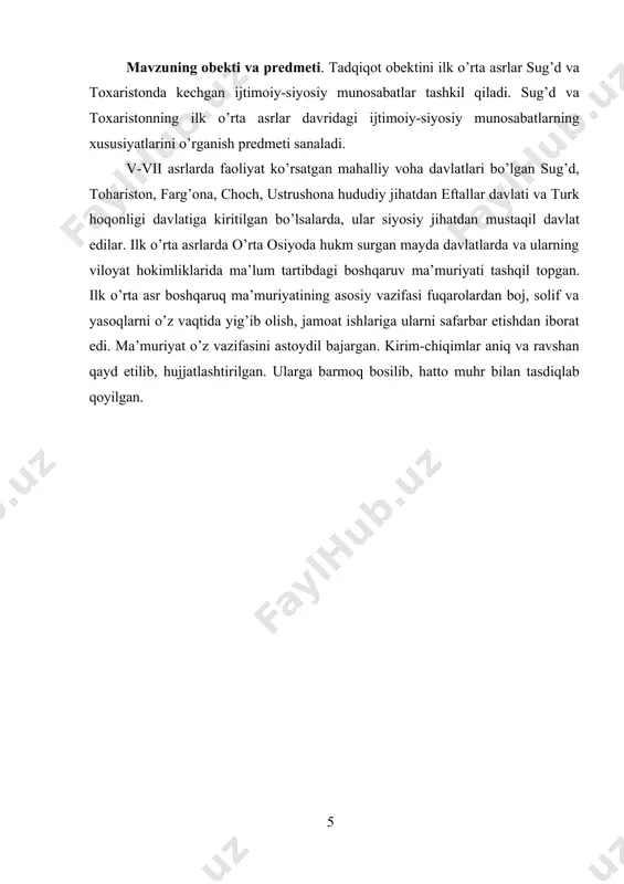 ga suyanardi. feodal munosabatlar harbiy qo’shin to’zilishiga ham ta’sir qilgan. otliq askar — suvoriylar 1 бобоёров ғ. турк хоқонлиги даврида суғд // шарқшунослик. 2002.№ 11. -б.17 2 содиқов қ. култегин, билга хоқон битикларидан ўрин олган “хоқон сўзи”нинг бошланмалари ва ёдномаларнинг матн тузилиши ҳақида // o’zbekiston tarixi. – 1999. – № 3. -б. 31 dehqonzodalardan, piyodalar esa mehnatkash aholidan yollangan va tug’ma qullardan to’zilgan. mamlakatni boshqarishda ham an’anaviy tartib va udumlarga amal qilingan. narshaxiyning yozishicha, vii asr oxirlarida buxoro taxt vorisining hali go’dakligi tufayli uning tul qolgan onasi yurtni boshqargan1. malika buxoroda donolik bilan hukmronlik qilgan, xalq unga itoatda bo’lgan. u shunday tartib o’rnatgan edi. malika mulozimlari bilan har kuni arkning registon darvozasi oldiga kelib, taxtga o’tirgan. malikzoda va dehqonzodalardan ikki yuz yigit bellariga zarrin kamar va qilich taqib kechgacha saf tortib xizmatda turishgan. malika podshohlik ishlari bilan mashg’ul bular, yaxshilikka da’vat qilib, yomonlikdan qaytarar, istagan kishisiga sarpo kiygizib, istagan kishisiga …