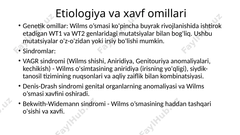 isqartirish va qolgan saraton hujayralarini o'ldirish uchun ishlatiladi. davolashda ko'pincha vinkristin, aktinomitsin d va doksorubitsin kabi dorilar qo'llaniladi. radiatsiya terapiyasi: agressiv yoki keng tarqalgan o'smalar uchun, ayniqsa metastaz bo'lsa yoki o'simtani jarrohlik yo'li bilan butunlay olib tashlash mumkin bo'lmasa, qo'llanilishi mumkin. prognoz wilms shishi bo'lgan bolalar uchun prognoz odatda qulaydir, ayniqsa erta tashxis qo'yish va kompleks davolash. besh yillik omon qolish darajasi kasallikning lokalizatsiyalangan shakllari uchun 90% dan ortiq. o'pka yoki boshqa organlarga metastazlar bo'lsa, prognoz yomonroq, ammo agressiv davolanish hali ham tiklanishga olib kelishi mumkin. wilms shishi jiddiy, ammo davolash mumkin bo'lgan kasallikdir, ayniqsa erta tashxis qo'yilgan bo'lsa. bunday tashxisga ega bo'lgan bolalarning aksariyati jarrohlik, kimyoterapiya va kerak bo'lganda radiatsiya terapiyasini o'z ichiga olgan kompleks yondashuv bilan tuzalib ketadi. ushbu kasallikka genetik moyilligi bo'lgan bolalarni kuzatish va o'simtani o'z vaqtida aniqlash uchun muntazam ravishda skrining tekshiruvlarini o'tkazish muhimdir. profilaktika birlamchi profilaktika: wilms shishi ko'pincha o'z-o'zidan paydo bo'ladi va aniq …