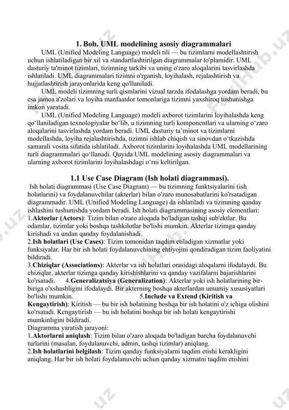 . bir akterning boshqa akterlardan umumiy xususiyatlari bo'lishi mumkin. 5.include va extend (kiritish va kengaytirish): kiritish — bu bir ish holatining boshqa bir ish holatini o'z ichiga olishini ko'rsatadi. kengaytirish — bu ish holatini boshqa bir ish holati kengaytirishi mumkinligini bildiradi. diagramma yaratish jarayoni: 1.aktorlarni aniqlash: tizim bilan o'zaro aloqada bo'ladigan barcha foydalanuvchi turlarini (masalan, foydalanuvchi, admin, tashqi tizimlar) aniqlang. 2.ish holatlarini belgilash: tizim qanday funksiyalarni taqdim etishi kerakligini aniqlang. har bir ish holati foydalanuvchi uchun qanday xizmatni taqdim etishini tushuning. 3.aktorlar va ish holatlari o'rtasida aloqalarni chizish: har bir akter uchun tegishli ish holatlari bilan aloqalarni ko'rsating. 4.kengaytirish va kiritish munosabatlarini qo'shish: agar kerak bo'lsa, ish holatlarini kengaytirish yoki birlashtirish munosabatlarini qo'shing. misol: agar sizda "kitob do'koni" tizimi bo'lsa, uning ish holati diagrammasi quyidagicha bo'lishi mumkin: · aktorlar: foydalanuvchi, admin, to'lov tizimi · ish holatlari: kitob qidirish, buyurtma berish, to'lovni amalga oshirish, buyurtmalarni boshqarish foydalanuvchi kitob qidirish va buyurtma …