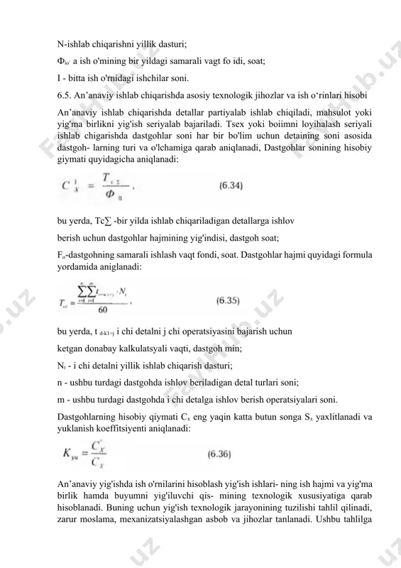 ali vaqti, dastgoh min; nt - i chi detalni yillik ishlab chiqarish dasturi; n - ushbu turdagi dastgohda ishlov beriladigan detal turlari soni; m - ushbu turdagi dastgohda i chi detalga ishlov berish operatsiyalari soni. dastgohlarning hisobiy qiymati cx eng yaqin katta butun songa sx yaxlitlanadi va yuklanish koeffitsiyenti aniqlanadi: an’anaviy yig'ishda ish o'rnilarini hisoblash yig'ish ishlari- ning ish hajmi va yig'ma birlik hamda buyumni yig'iluvchi qis- mining texnologik xususiyatiga qarab hisoblanadi. buning uchun yig'ish texnologik jarayonining tuzilishi tahlil qilinadi, zarur moslama, mexanizatsiyalashgan asbob va jihozlar tanlanadi. ushbu tahlilga asoslanib yig'ish stendlarining turi va qo'shimcha ish o'rnilari aniqlanadi. qo'shimcha ish o'rnilari presslash, jilvirlash, me’yorllash va boshqa ishlar uchun jihozlar bilan ta’minlangan bo'lishi kerak. yig'ish o'rinlari (stendlari) soni har bir tur uchun shu stendda bajariladigan yillik ish hajmi tyig`∑, ish о 'mining ishlash vaqt fondi fio. va ish zichligi z bilan aniqlanadi: ishning zichligi (z) deganda bitta ish o'rnida ishlaydigan ish- …
