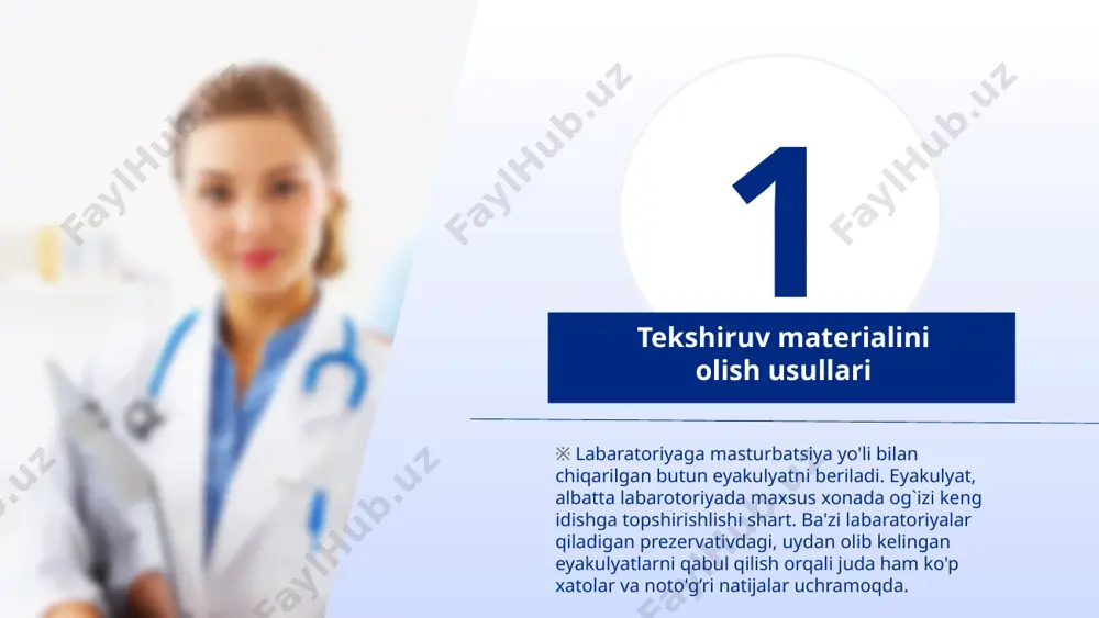 ga ta'sir qiluvchi bir necha faktorlar bor bulardan ba'zilari gormonlar, mavjud yoki o'tkazilgan yallig'lanish jarayonlari, toksik ta'sirlar, spermatogen epiteliy holati, modda almashinuvi va hakazolardir. ba'zi laboratoriyalar polizoospermiya – spermatozoidkontsentratsiyasini 120 mln/ml ko'pligi deb hisoblashadi. 9 savol-javob @medlabuzz @med_lab @medlabuzbot @med_lab1 @medlabuz www.med-lab.uz first.ppt.template network:www.1ppt.com. 10 image5.png image6.png image7.png image8.png image9.png image10.png image11.png image12.png image13.png image1.png /docprops/thumbnail.jpeg