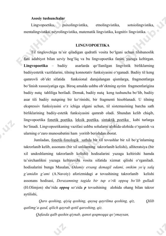 gida bir tup o‘rik oppoq bo‘lib gulladi (h.olimjon) she’rida oppoq so‘zida p tovushining alohida ohang bilan takror aytilishi, qaro qoshing, qiyiq qoshing, quyuq qayrilma qoshing, qiz, qilib qatlimg‘a qasd, qilich qayrab qotil qaroshing, qiz. qafasda qalb qushin qiynab, qanot qoqmoqqa qo‘ymaysan, qarab qo‘ygin qiyokim, qalbni qizdirsin quyoshing, qiz. (e.vohidov) she’rida q tovushining takrorlanib kelishi nutqning ifodaviyligini oshirib, kuchli ta’sirchanlikni yuzaga keltirgan. leksik sathda leksemalarning ko‘chma ma’nolarda qo‘llanishi (masalan, aqlu balog‘atning shotilaridan yuksala beringiz sekundlar sayin (g‘.g‘ulom) she’ridagi shoti so‘zi bosqich ma’nosida ishlatilgan ) sintaktik sathda esa gap bo‘laklarining joylashishi, gap tarkibida bir xil bo‘laklarning takrorlanib kelishi (masalan, aziz asrimizning aziz onlari aziz odamlardan so‘raydi qadrin (g‘.g‘ulom) she’rida aziz so‘zining takror kelishi, rozimasman bir yosh tomsa ko‘zimdan, rozimasman sal rang ketsa yuzimdan, yo‘l oshsam-u, sal yashashdan adashsam, rozimasman unda tamom o‘zimdan (h.olimjon) she’rida rozimasman, sal so‘zlarining, har bahorda shu bo‘lar takror, har bahor ham shunday o‘tadi misrasida har bahor birikmasining takror …