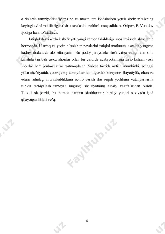 i shoir e’tiqodi va iste’dodiga zid bo’lmasa ijodkor o’z «men»ini asarlariga ko’proq, samaraliroq singdiradi. aksincha bo’lsa davrdagi yo’nalishlar shoir ruhi va ilhomi ustidan hukmronlik qilsa, yozgan har bir satiri «elak»dan o’tkazilsa, ijodkor «men»i rangsiz va qashshoq holga tushishi mumkin. ammo iste’dod shuning uchun ham iste’dodni, u o’zining tengsiz matonati, qarama-qarshiliklarni yenga olish qudrati bilan muhit dovullarini yengib, ulug’ va betakror asarlar, isyonkor va jur’atli qahramonlar obrazini yarata oladi. istiqloldan beri juda ko’p she’rlar yozildi va e’lon qilindi. bu she’rlarning badiiy saviyasi birdek emas, albatta. biroq har bir yaxshi she’r haqida uzoq gapirish mumkin. buning imkonsizligi tufayli biz o’tgan yilgi she’riyatimizda ko’zga yaqqol tashlanadigan uch jihatni alohida ta’kidlab ko’rsatmoqchimiz: 1. ijtimoiy mavzudagi she’rlar; 2. falsafiy ruhdagi she’rlar; 3. tuyg’ular o’zgacha ifodalanayotgan izlanish yo’lidagi she’rlar (modern). ijtimoiy mavzudagi-vatanparvarlik ruhida, istiqlol madh etilgan she’rlarning aksariyat samimiyligi ritorikadan uzoqligi bilan diqqatga sazovor. shoir abdulla oripovning «vatandosh» she’ridagi ushbu satrlarda shu ruhdagi asarlarning mohiyati berilgan …
