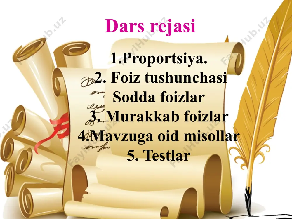 adi va qarzdan qutuldi. tadbirkor qancha miqdorda qarz olgan edi. i=1600, r=8%, n=4 1600=c ∙0.08 ∙4 bundan c=5000(aqsh dollori) murakkab foizlar agar 6000 aqsh dollori miqdorida qarz yillik murakkab foiz stavkasi 8% bilan 3 yilda to’lash sharti bilan olingan bo’lsa,kreditor tomonidanolinadigan daromad qancha bo’ladi? qarz foiz to’lovi=i balans(1)+(2) 1 $6000,00 $6000 ∙ 0,08 ∙ 1=$480,00 $6480,00 2 $6480,00 $6480,00 ∙ 0,08 ∙ 1=$518,40 $6998,00 3 $6998,00 $6998,00 ∙ 0,08 ∙ 1=$559,87 $7558,27 demak, 6000 aqsh dollori miqdoridagi qarzdan qutulish uchun 3 yil mobaynida 7558,27 aqsh dollori miqdoridagi to’lovlarni amalga oshirish zarur. bunda kreditor $7558,27- $6000= $1558,27 miqdorda daromad oladi. bu daromad umumiy murakkab foiz to’lovi (ustama foiz) deb yuritiladi. agar qarz bir necha yilga berilgan bo’lsa,yakuniy balans quyidagicha hisoblanadi: bu yerda a-yakuniy balans,c-dastlab olingan qarz miqdori,r-har yilga belgilangan foiz stavkasi,n –yillar soni misol agar 10000 aqsh dollori miqdorida qarz yillik murakkab foiz stavkasi 6% bilan 1 yilda choraklarga bo’lib to’lash …