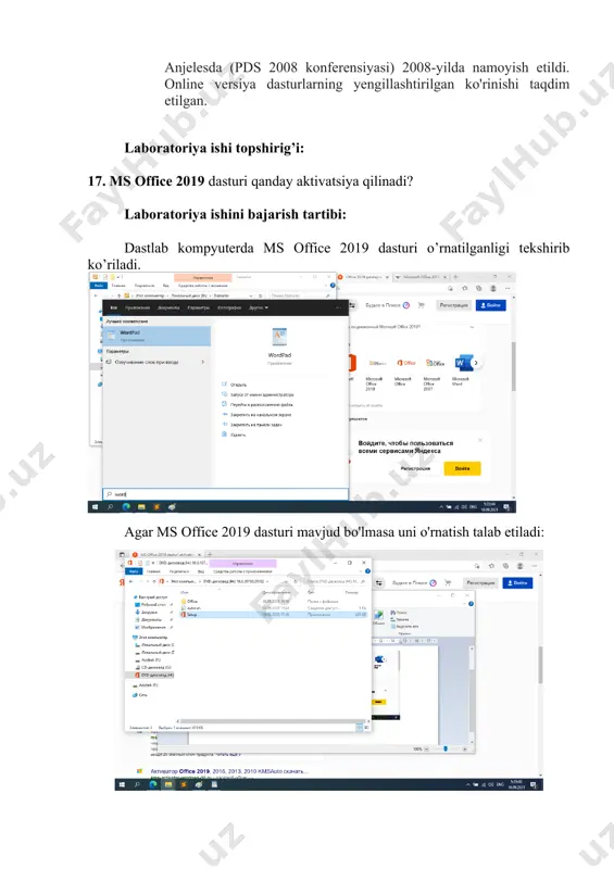 vsiflab bering. 7. ms office 2016 dasturini o’rnatish jarayonini tavsiflab bering. 8. bir vatning o’zida ms office 2003 va ms office 2019 dasturlari qanday ishlatiladi? 9. ms wordda matnni tahrirlash va formatlash qanday amalga oshiriladi? 10. ms wordda jadvallar bilan ishlash jarayonini tushuntirib bering. 11. ms wordda formulalar kiritish, tahrirlash va formatlash qanday amalga oshiriladi? 12. ms wordda illyustratsiyalardan qanday foydalaniladi? 13. ms wordda mundarija yaratish jarayonini to’liq tavsiflab namuna ko’rsating. 14. ms wordda mustaqil ish, referat yoki kurs ishlarini yuzini tayyorash va sahifaga ramka qo’yish jarayonini qanday amalga oshiriladi? 15. ms wordda grafik figuralar bilan ishlash jarayonini tavsiflang? 16. ms wordda smartart qanday maqsadda foydalaniladi(misollarda tushuntiring)?. 17. ms office 2019 dasturi qanday aktivatsiya qilinadi? 18. ms wordda sahifa parametrlari qanday ko’rinishda bo’ladi? 19. ms wordda lotin-kril alifbosini avtomatik tarzda o’tkazish uchun nima qilish zarur? 20. ms wordda izohlar qanday qo’yilishini tushuntirib bering?