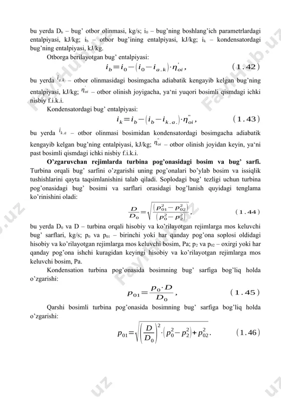urbina pog’onasidagi bosim va bug’ sarfi. turbina orqali bug’ sarfini o’zgarishi uning pog’onalari bo’ylab bosim va issiqlik tushishlarini qayta taqsimlanishini talab qiladi. soplodagi bug’ tezligi uchun turbina pog’onasidagi bug’ bosimi va sarflari orasidagi bog’lanish quyidagi tenglama ko’rinishini oladi: bu yerda d0 va d – turbina orqali hisobiy va ko’rilayotgan rejimlarga mos keluvchi bug’ sarflari, kg/s; p0 va p01 – birinchi yoki har qanday pog’ona soplosi oldidagi hisobiy va ko’rilayotgan rejimlarga mos keluvchi bosim, pa; p2 va p02 – oxirgi yoki har qanday pog’ona ishchi kuragidan keyingi hisobiy va ko’rilayotgan rejimlarga mos keluvchi bosim, pa. kondensation turbina pog’onasida bosimning bug’ sarfiga bog’liq holda o’zgarishi: qarshi bosimli turbina pog’onasida bosimning bug’ sarfiga bog’liq holda o’zgarishi: oleobject3.bin image4.wmf oleobject4.bin image5.wmf oleobject5.bin image6.wmf oleobject6.bin image7.wmf oleobject7.bin image8.wmf oleobject8.bin image9.wmf oleobject9.bin image10.wmf oleobject10.bin image11.wmf oleobject11.bin image12.wmf oleobject12.bin image13.wmf oleobject13.bin image14.wmf oleobject14.bin image15.wmf oleobject15.bin image16.wmf oleobject16.bin image17.wmf oleobject17.bin image18.wmf oleobject18.bin image19.wmf oleobject19.bin image20.wmf oleobject20.bin image21.wmf oleobject21.bin …