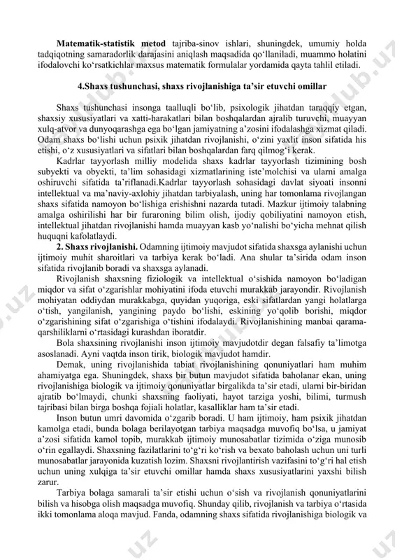 ’ektiv omillarga bog‘liq. mazkur jarayonda maqsadga muvofiq keluvchi, maqbul. ayni vaqtda samarali bo‘lgan metodlarni tanlay olish ham muhimdir. shaxsni tarbiyalash, unga muayyan yo‘nalishlarda chuqur, puxta ilmiy bilimlarni berishga berish tamoyillari, ob’ekti va sub’ektiv omillarini aniqlovchi pedagogik jarayonning ichki mohiyati, aloqa va qonuniyatlarini maxsus tekshirish va bilish usullaridir. zamonaviy sharoitda, pedagogik yo‘nalishda, tadqiqotlarni olib borishda quyidagi metodlardan foydalanilmoqda: 1. pedagogik kuzatish metodi. 2. suhbat metodi. 3. anketa metodi. 4. intervyu metodi. 5. ta’lim muassasasi hujjatlarini tahlil qilish metodi. 6. test metodi. 7. bolalar ijodini o‘rganish metodi. 8. pedagogik tajriba metodi. 9. matematik-statistik metod. kuzatish. uni qo‘llash jarayonida, ta’lim muassasalarining o‘quv-tarbiya ishlari jarayonini o‘rganish asosida tadqiq etilayotgan muammo holat aniqlanadi, tajriba- avvali va yakunida qo‘lga kiritilgan ko‘rsatkichlar o‘rtasidagi farq to‘g‘risidagi ma’lumotga ega bo‘linadi. suhbat metodi. bu metod pedagogik kuzatish jarayonida ega bo‘lingan ma’lumotlarni boyitish, mavjud holatga to‘g‘ri baho berish, muammoning echimini topishga imkon beruvchi pedagogik shart-sharoitlarni yaratish, tajriba-sinov ishlari sub’ektlari imkoniyatlarini muammo …