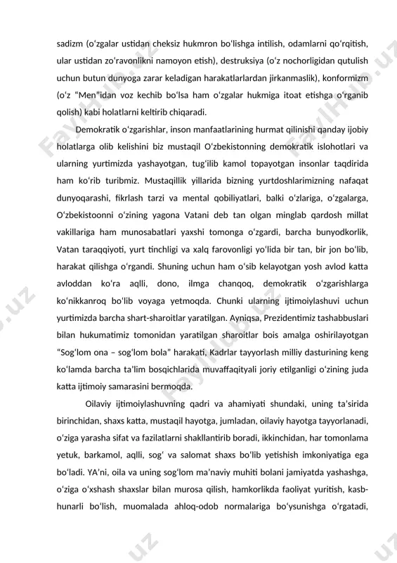 y samarasini bermoqda. oilaviy ijtimoiylashuvning qadri va ahamiyati shundaki, uning ta’sirida birinchidan, shaxs katta, mustaqil hayotga, jumladan, oilaviy hayotga tayyorlanadi, o‘ziga yarasha sifat va fazilatlarni shakllantirib boradi, ikkinchidan, har tomonlama yetuk, barkamol, aqlli, sog‘ va salomat shaxs bo‘lib yetishish imkoniyatiga ega bo‘ladi. ya’ni, oila va uning sog‘lom ma’naviy muhiti bolani jamiyatda yashashga, o‘ziga o‘xshash shaxslar bilan murosa qilish, hamkorlikda faoliyat yuritish, kasb-hunarli bo‘lish, muomalada ahloq-odob normalariga bo‘ysunishga o‘rgatadi, psixologik jihatdan tayyorlaydi. rus sotsiolog olimi a.antonovning ta’kidlashicha, oila ijtimoiy-psixologik yaxlitlik sifatida shaxsga shunday normativ va axborot ta’sirlarini ko‘rsatadiki, oqibatda bola eng avvalo, jamiyatdagi qonuniy normalar, xulq andozalarini egallaydi. oila qanchalik inoq, uyushgan va mustahkam bo‘lsa, uning normativ ta’siri ham shunchalik ijobiy samarali bo‘ladi. bunday oilada o‘zining qadriyatlaridan tashqari, jamiyatning qadriyatlari, qonun-qoidalar va normalar hurmat qilinadi, bola boshidan jamiyatda yashashga o‘rgatilgan bo‘ladi. uning ahamiyati shundaki, farzand maktabgacha tarbiya muassasasida ham, keyinchalik maktab, kollej yoki litseyda o‘qiganda ham tartibli, intizomli, aytilgan vazifa, berilgan …