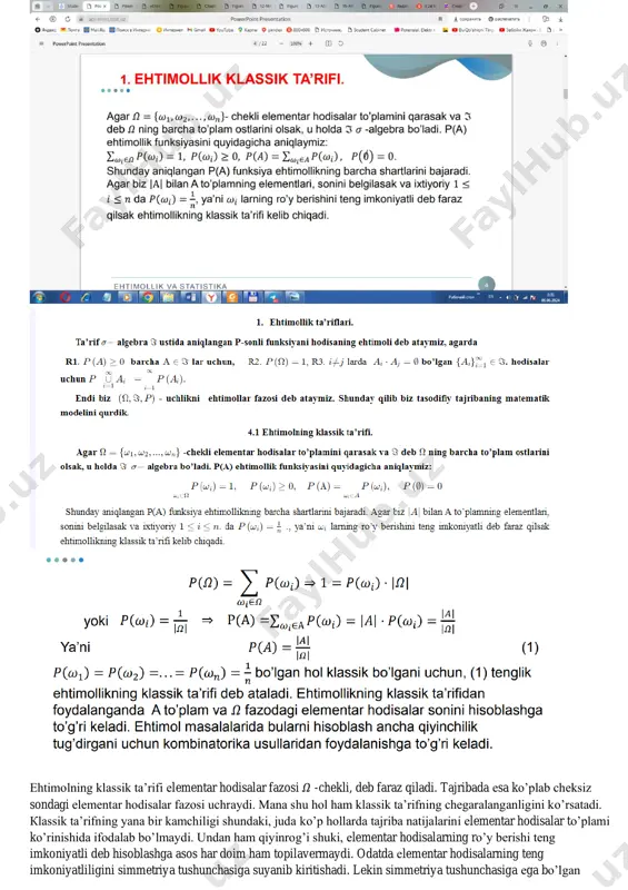 tatistik еhtimoli deb a hodisaning nisbiy chastotasi olinadi. еndi еhtimolning klassik ta’rifi bilan statistik ta’rifini solishtirsak shunday xulosaga kelamiz. 5. ehtimollikning geometric ta’rifi. ehtimollikninng geometrik taʼrifi a hodisaning roʻy berishiga qulaylik tugʻdiruvchi soha oʻlchovining butun elementar hodisalar fazosi oʻlchovi nisbatiga hodisaning geometrik ehtimolligi aytiladi, yaʼni 𝜌 – soha oʻlchovi boʻlsa, 𝑃 𝐴 = 𝜌(𝐴) 𝜌(ω) 6. ehtimollikning statistic ta’rifi. odatda еlementar hodisalarning teng imkoniyatliligini simmetriya tushunchasiga suyanib kiritishadi. lekin simmetriya tushunchasiga еga bо’lgan masalalar amaliyotda juda kam uchraydi. shu kamchiliklarni bartaraf еtish maqsadida еhtimolning klassik ta’rifi bilan bir qatorda, еhtimollikning statistik ta’rifini ham berishadi. a hodisaning statistik еhtimoli deb a hodisaning nisbiy chastotasi olinadi. еndi еhtimolning klassik ta’rifi bilan statistik ta’rifini solishtirsak shunday xulosaga kelamiz. еhtimolning klassik ta’rifi tajriba о’tkazilishini kо’zda tutmaydi. statistik еhtimol еsa tajriba о’tkazgandan sо’ng topiladi. boshqacha aytganda klassik еhtimol tajribagacha topilsa (a priory), statistik еhtimol tajribadan sо’ng hisoblanadi (a pasteriory) 7. ehtimollikning sanoqli sistemadagi ta’rifi. 8. …