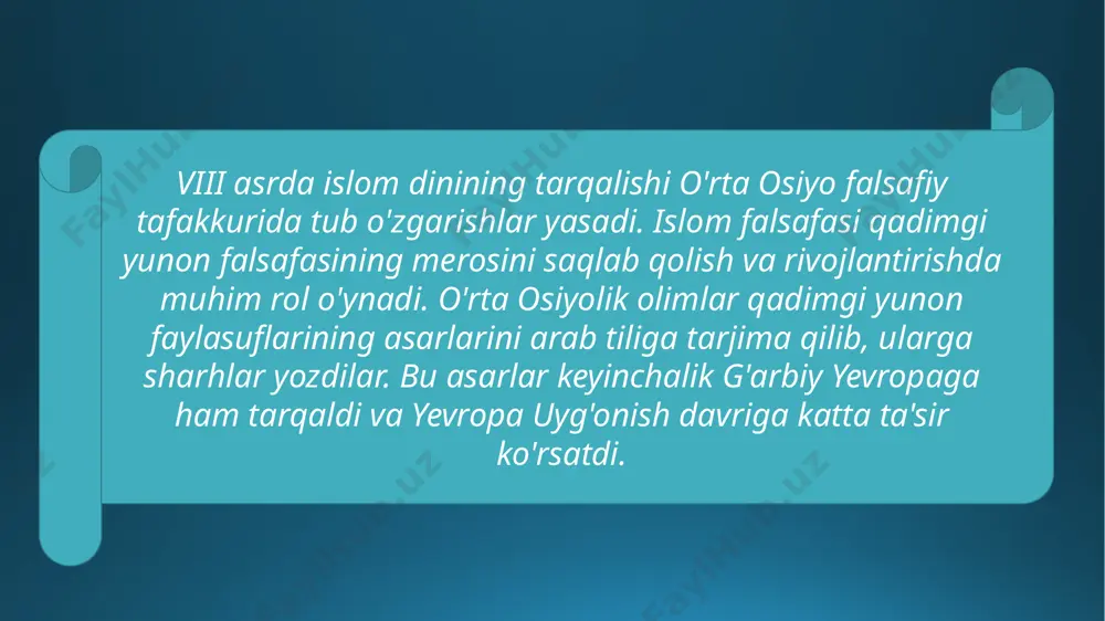 uchun o’zlikni anglash, binobarin, kuch-qudrat manbai bo’lib qolaverishini nihoyatda yahshi tushungan. aleksandrdan keyin yashagan rim imperatorlari ham misr va vizantiyaga qarshi urush qilib, yahudiylarning erini bosib olganida tub aholining madaniy boyliklarini yo’q qilgani, «zabur» va «tavrot»ning qadimgi nusxalarini kuydirib yuborgani yuqoridagi misolning tasodifiy emasligidan dalolat beradi. markaziy osiyoda buddaviylik ham o’z o’rniga ega. u diniy-falsafiy ta`limot sifatida qadimgi hindistonda eramizdan avvalgi vi asrning ohiri va v asr boshlarida vujudga kelgan. u jahonda keng tarqalgan dinlardan biridir. bu ta`limotga asos solgan donishmand sidharta urug’idan chiqqan gautama hisoblanadi. keyinchalik u «budda», ya`ni nurlangan degan laqabga ega bo’lgan. buddaviylik islomga qadar o’rta osiyoda tarqalgan qadimgi dinlar orasida mavqe jihatidan juda katta o’rin tutadi. bu ta`limot o’rta osiyoga eramizdan avvalgi ii-i asrlarda kirib kelgan. tarixiy manbalarga ko’ra, uni toharistonga balhlik savdogarlar olib kelishgan. kushonlar davrida buddaviylik dini hukmron dinga aylangan edi. «halqchil bo’lganligi uchun o’rta osiyoga keng yoyilgan. buddaviylikning o’rta osiyoga yoyilishi quyidagi to’rt …
