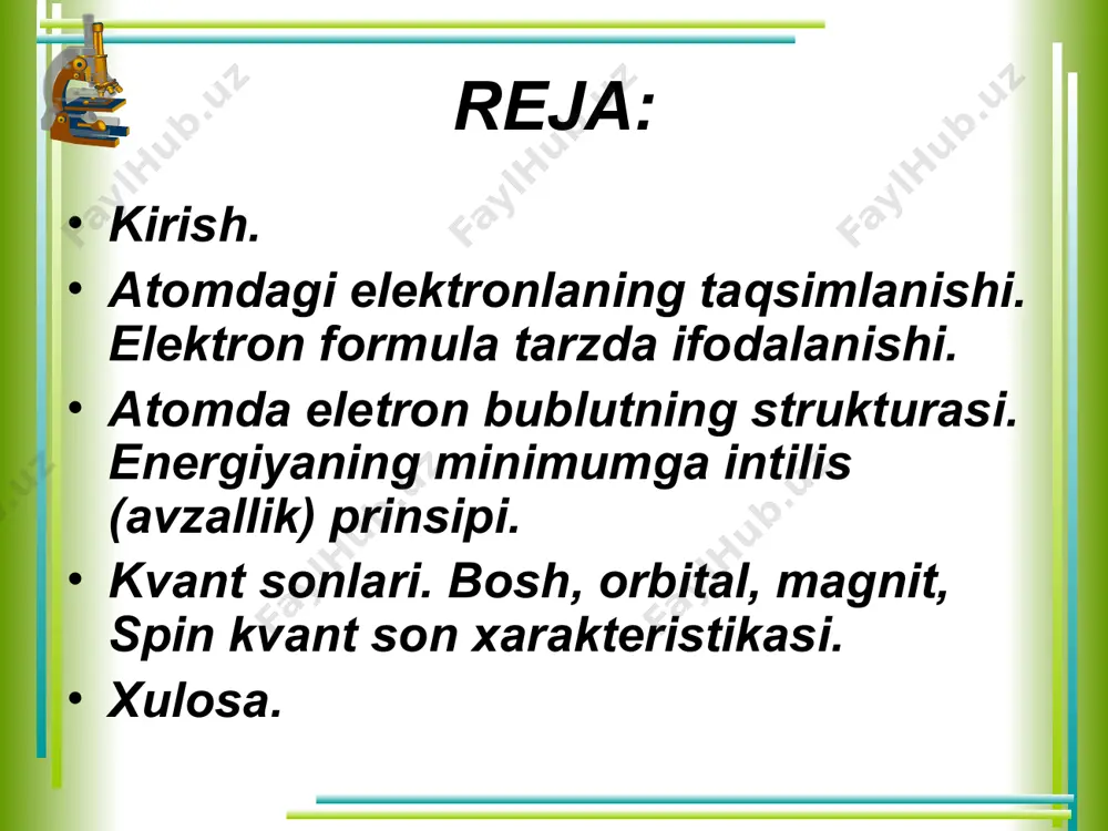 f – to’rtinchi qobiqcha bo’lib, unda 7 ta f – orbital bo’ladi. atomlarda elektron bulutlarning strukturasi. energiyaning minimumga intilish (afzallik) prinsipi. energetik pogonachalari yacheykalarining elektronlar bilan tulishi ideal tartibda, ya'ni yadroga yakin orbital oldin, yadrodan uzokdagi orbital keyin tulganday bulib kurinadi. masalan: 1s2s2p3s3p3d4s4p4d4f va xokazo. lekin, amalda, spektroskopik analiz, ximiyaviy va rentgenoskopik ma'lumotlarga kura boshkacha tartibda joylashishi aniklangan, ya'ni elektronlar minimal energiya zapasiga ega bulishga, yadro bilan maksimal boglanishda bulishga intiladi, buni energiyaning minimumga intilish (afzallik) prinsipi deyiladi. bu prinsipga kura agar pastki pogonadagi (yadroga yakin) energiyasi kichik bulgan energetik yacheyka bush bulsa, energiya zapasi kichik bulgan elektronga yukori energetik pogonada urin yuk, ya'ni ular yacheykalarda kuyidagi tartibda tulib boradi: energetik pogonalarda atom orbitallar energiyasi bu pogonachalar gruppalari d.i.mendeleyevning elementlar davriy sistemasiga tugri keladigan davr ichidagi orbitallarni elektron bilan tulishish tartibini ifodalaydi. pastidagi sonlar (2, 8, 18, 32) esa shu davrdagi element atomi orbitallarini tulishidagi elektronlar sonining yigindisidir. yukoridagi formuladan …