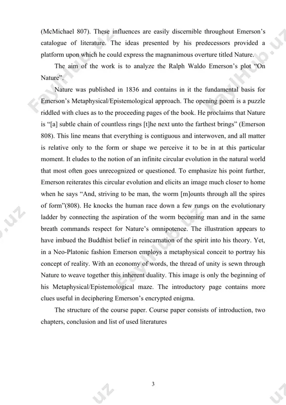 o his theory. yet, in a neo-platonic fashion emerson employs a metaphysical conceit to portray his concept of reality. with an economy of words, the thread of unity is sewn through nature to weave together this inherent duality. this image is only the beginning of his metaphysical/epistemological maze. the introductory page contains more clues useful in deciphering emerson’s encrypted enigma. the structure of the course paper. course paper consists of introduction, two chapters, conclusion and list of used literatures chapter i biography of ralph waldo emerson 1.1 ralph waldo emerson’s philosophy. emerson s philosophy ralph waldo emerson, nineteenth century poet and writer, expresses a philosophy of life, based on our inner self and the presence of the soul. emerson regarded and learned from the great minds of the past, he says repeatedly that each person should live according to his own thinking. i will try to explain emerson s philosophy, …