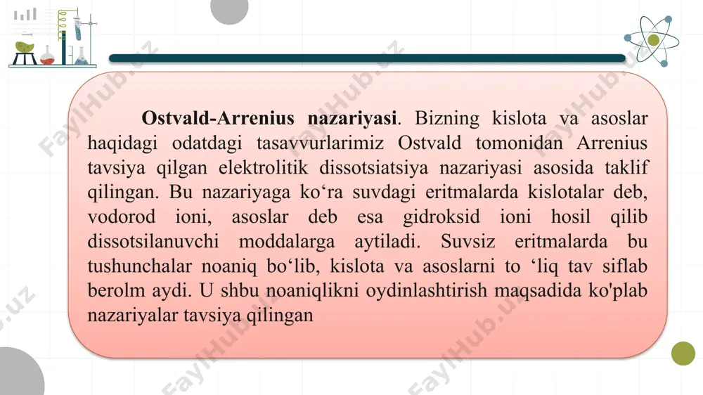 ota va kuchsiz asoslarning dissostialanishida kimyoviy muozanat kuchli kislota va kuchli asoslar suvdagi eritm alarda to 'la dissotsilanadi, shuning uchun ularning ph va poh qiymatlari ph=-lg[h+] va poh— lg[oh ] formulalar yordamida hisoblanadi. biroq kuchsiz kislota va asoslar suvdagi eritmalarda to'la dissotsilanmaydi. masalan, sirka kislota suvdagi eritmada kuchsiz kislota ekanligi yuqorida ko'rsatilgan edi, uning d isso tsiatsiy asi (suvning hosil qiluvchi asso siati — gidroksoniy hisobga olinmaganda): ch3cooh ←→ h+ + ch3coo- bo'ladi. bu muvozanatga massalar ta’siri qonuni tatbiq etilsa, ka = hosil bo‘ladi 4. bufer eritmalar va ularning analizda ishlatilishi agar biror kislota yoki ishqor eritmasiga erituvchi - suv qo‘shilsa, eritmadagi vodorod va gidroksil ionlarining konsentratsiyalari mos ravishda kamayadi. masalan, 0,001 n. hcl eritmasini 10 marta suyultirsak, eritmadagi kislotaning konsentratsiyasi 10 marta kamayadi, ya’ni 0,001:10=0,0001 mol/l bo‘ladi. agar shunday eritmaga teng hajmli kuchliroq kislota eritmasi qo‘shilsa, vodorod ionining konsentratsiyasi ortadi. agar 0,01 n. hcl eritmasiga teng hajmli 0,01 n. …