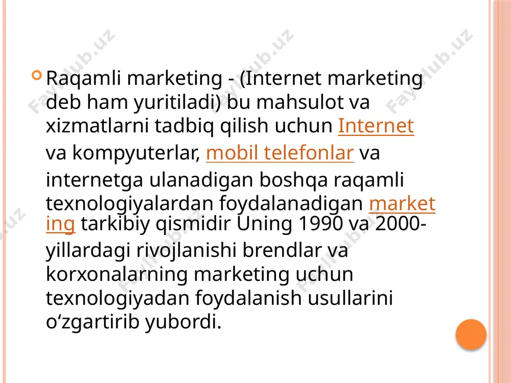 ning texnologiyasi odamlarga turli xil mashinalar orqali fayllarni yuborish va qabul qilish imkonini beradigan platformani oʻrnatdi. biroq, raqamli marketingning boshlanishi sifatida eng taniqli davr 1990-yil boʻldi, chunki bu davrda archie qidiruv tizimi ftp saytlari uchun indeks sifatida yaratilgan. 1980-yillarda kompyuterlarning saqlash sigʻimi mijozlarning katta hajmdagi maʼlumotlarini saqlash uchun yetarlicha katta edi. kompaniyalar cheklangan roʻyxat brokerini emas, balki maʼlumotlar bazasi marketingi kabi onlayn texnikani tanlashni boshladilar. ushbu turdagi maʼlumotlar bazalari kompaniyalarga mijozlar maʼlumotlarini yanada samarali kuzatish imkonini berdi va shu bilan xaridor va sotuvchi oʻrtasidagi munosabatlarni oʻzgartirdi. biroq, qoʻlda ishlov berish unchalik samarali emas edi. 1990-yillarda birinchi marta raqamli marketing atamasi paydo boʻldi. server/mijoz arxitekturasining debyuti va shaxsiy kompyuterlarning mashhurligi bilan mijozlar bilan munosabatlarni boshqarish (crm) ilovalari marketing texnologiyasining muhim omiliga aylandi. qattiq raqobat sotuvchilarni oʻz dasturiy taʼminotiga koʻproq xizmatlarni, masalan, marketing, savdo va xizmat koʻrsatish dasturlarini kiritishga majbur qildi. marketologlar, shuningdek, internet paydo boʻlgandan keyin ecrm (mijozlar bilan munosabatlarini boshqarishning …