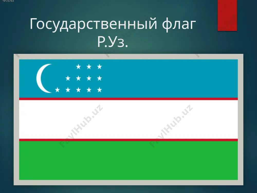 государство должно преодолеть на своем пути высокие перевалы. белый цвет на флаге означает доброе пожелание, чтобы путь был чист и светел. зеленый цвет — олицетворение благодатной природы. в настоящее время во всем мире ширится движение по охране окружающей среды, символом которого тоже является зеленый цвет. красные полосы — это жизненные силы, пульсирующие в каждом живом существе, символ жизни. полумесяц соответствует многовековой традиции народа узбекистана. полумесяц и звезды — символ безоблачного неба мира. на флаге узбекистана 12 звезд. число 12 означает 12 звёздных месяцев, так же иногда считают, что число 12 символизирует знак совершенства(для мусульманского мира это важное число, к примеру 12 лет мальчики становятся мужчинами) и 12 областей. данное утверждение не совсем верно, официально считается что 12 звёзд — 12 звёздных месяцев. государственный флаг — это символ прошлого, настоящего и будущего. флаг узбекистана поднимается при приёмах государственных делегаций под руководством президента в зарубежные страны, а также при приёмах зарубежных государственных …