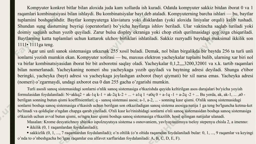 siga o'tkasish uchun berilgan son otkaziladigan sanoq sistema asosiga natija 1 ga teng bo'lguncha ketma-ket bo'linadi va qoldiqlar o'ngdan chapga qarab yoziladi. o'nli kasr ko'rinishidagi sonlarni o'nli sanoq sistemasidan boshqa sanoq sistemasiga o'tkazish uchun avval butun qismi, so'ngra kasr qismi boshqa sanoq sistemasiga o'tkazilib, hosil qilingan natijalar ulanadi. masalan: krome desyatichnoy shiroko ispolzuyutsya sistemы s osnovaniem, yavlyayuщimsya tseloy stepenyu chisla 2, a imenno:  ikkilik (0, 1 raqamlardan foydalaniladi);  sakkizlik (0, 1, ..., 7 raqamlardan foydalaniladi); o’n oltilik (o’n oltida raqamdan foydalaniladi bular: 0, 1, ..., 9 raqamlar va keyingi o’nda to o’nbeshgacha bo’lgan raqamlar esa alfavet xarflaridan foydalaniladi: a, b, c, d, e, f). pozitsiyali va pozitsiyali bo'lmagan sanoq sistemalari sanoq sistemalarida qo'llaniladigan qoidalar turlicha bo'lsada, ular bir xil tamoyil asosida qurilgan. mazkur tamoyilga ko'ra ixtiyoriy n sonini r asosli sanoq sistemada quyidagicha ifodalash mumkin: n = akpk + ak-1pk-1 + ... + a1 p1 + ao p0 …