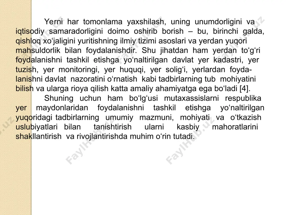hqa shaxsga (ijarachiga) shartnoma bо‘yicha belgili tо‘lov-ijara haqi evaziga vaqtincha foydalanishga berish. hozirgi davrda ijaraga beruvchilar mahalliy hokimiyatlar va qishloq xо‘jalik massivlari hisoblanadi. va nihoyat, yer tuzish amaliyotida “yerdan foydalanish” tushunchasi ayrim hollarda umumiy ma’noda ishlatiladi va yerdan foydalanish jarayonini yoki huquqiy maqomiga bog‘liq bо‘lmagan holda foydalanilayotgan uchastkani bildiradi [10]. jamiyat iqtisodiy va ijtimoiy rivojlanish jarayonida doimo о‘zi faoliyat kо‘rsatayotgan huquqni tashkil etishi takomillashtiradi va о‘zgartiradi. huquq deb, yer ustining chegaralangan о‘ziga xos tabiiy va antropogen (inson tomonidan yaratilgan) xususiyatlarga va resurslarga ega qismiga aytiladi; u maydoni, uzunligi, joylashgan о‘rni, shakli va boshqa sifatlari bilan tavsiflanadi. hududni tashkil etish – bu uni tartibga solish, aniq ishlab chiqarish yoki ijtimoiy maqsadlarga mos ma’lum tizimga keltirishdir. yerni va huquqni tashkil etishni aniq talablar uchun moslash bо‘yicha odamlar faoliyati yer tuzish nomini oldi. shu maqsadda yer massivlari u yoki bu maqsadlar uchun mо‘ljallangan va о‘lchamlarga ega xо‘jalik faoliyatining har xil sohalarida foydalanish uchun …