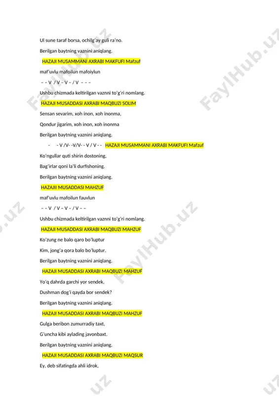 ’ilun mustaf’ilun mustaf’ilon – – v – / – – v – / – – v – / – – v ~ ushbu chizmada keltirilgan vaznni to‘g‘ri nomlang. rajazi musammani muzol keldim qochib g‘am xaylidin mayxonag‘a, ey piri dayr, tengri panohing, gar manga xum keynida bersang panah. berilgan baytdagi 1-misraning vaznini aniqlang. rajazi musammani muzol muftailun mafoilun muftailun mafoilun – v v – / v – v – /– v v – / v – v – ushbu chizmada keltirilgan vaznni to‘g‘ri nomlang. rajazi musammani matviyi maxbun donayi xoli uzra ko‘r sabzayi xat nishonasi, donayi xol emas, erur mеhr giyoh donasi. berilgan baytning vaznini aniqlang. rajazi musammani matviyi maxbun nuqtayi mushkdur bu yo xoli aning jabin aro, kufr savodini nе xush sizdi bayozi din aro. berilgan baytning vaznini aniqlang. rajazi musammani matviyi maxbun qaysi so‘z arabcha bo‘lib, «bir-biriga yaqinlashuvchi» dеgan ma’noni bildiradi? mutaqorib yana sеnsizin munisim g‘am bo‘luptur, ko‘zumga yurak …