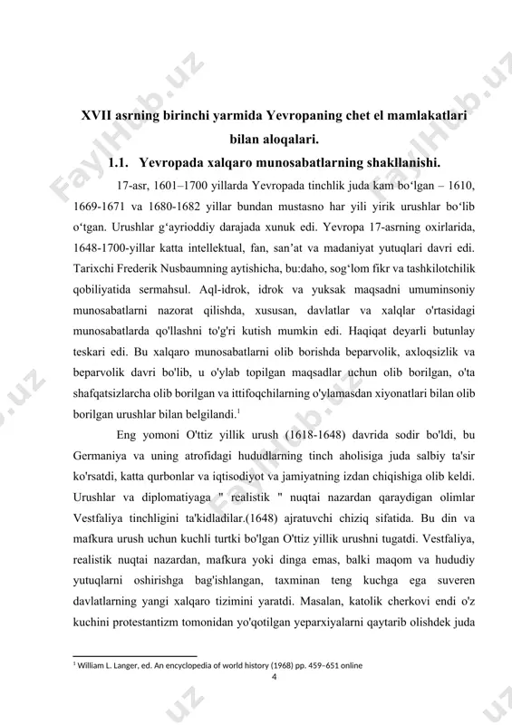 qurbonlar va iqtisodiyot va jamiyatning izdan chiqishiga olib keldi. urushlar va diplomatiyaga " realistik " nuqtai nazardan qaraydigan olimlar vestfaliya tinchligini ta'kidladilar.(1648) ajratuvchi chiziq sifatida. bu din va mafkura urush uchun kuchli turtki bo'lgan o'ttiz yillik urushni tugatdi. vestfaliya, realistik nuqtai nazardan, mafkura yoki dinga emas, balki maqom va hududiy yutuqlarni oshirishga bag'ishlangan, taxminan teng kuchga ega suveren davlatlarning yangi xalqaro tizimini yaratdi. masalan, katolik cherkovi endi o'z kuchini protestantizm tomonidan yo'qotilgan yeparxiyalarni qaytarib olishdek juda qiyin vazifaga emas, balki chet eldagi mustamlaka mulklarida keng ko'lamli missiyalar qurishga bag'ishladi, bu esa minglab odamlarni jamiyatning sodiq a'zolaridan foydalangan holda o'zgartira oladi. iyezuitlar. skott xemishning so'zlariga ko'ra, realistik model "tashqi siyosat butunlay "realpolitik" tomonidan boshqarilgan, natijada resurslar uchun kurash va oxir-oqibat, "kuchlar muvozanati" deb nomlanuvchi narsani qidirish orqali amalga oshirilgan deb taxmin qiladi. 1700 yilgacha diplomatiya yaxshi rivojlanmagan va urushlardan qochish imkoniyatlari ko'pincha bekor qilingan. masalan, angliyada qirol charlz ii diplomatiyaga unchalik …