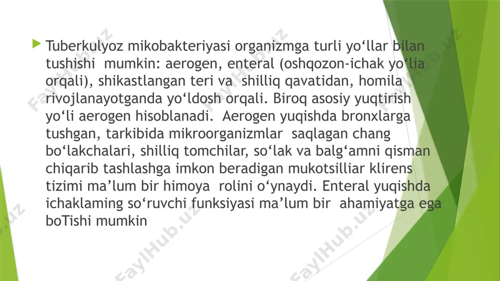 oki) gumoral immunitet rivojlanishiga bosim o‘tkazish xususiyati - maxsus reaktivlik bo‘lib, antigen bilan awalgi kontakt natijasidan yuzaga keladi. tolerantlik tuberkulyoz patogenezida aniq bir rolni o‘ynashi mumkin, masalan, tolerantlikning salbiy xususiyati immunokompetent tizimi past botgan bolalarda revaksinatsiya qilinganda bsj vaksinasi immunitetga stimul bermay, balki tolerogen samara ko‘rsatganida yuzaga kelishi mumkm. shuningdek tolerantlik surunkali ommaviy infitsirlanishda o‘zining salbiy ta’sirini ko rsatishi niumkin immunologik xotira tuberkulyozda immunologik xotira organizmda tirik qo‘zg‘atuvchi persistirlanishi natijasida, alohida xususiyatlariga ko‘ra, har qanday antigen kirgandagi qonuniyatlar asosida rivojlanadi. immunologik xotirani maxsus hujayra elementlari (tvab xotirahujayralari) o‘zida saqlaydi, antigen bor paytida esa (har qanday shakli) immunologik xotirani saqlash zaruriyati yo‘q. thenk you… image1.png image2.png image3.png /docprops/thumbnail.jpeg