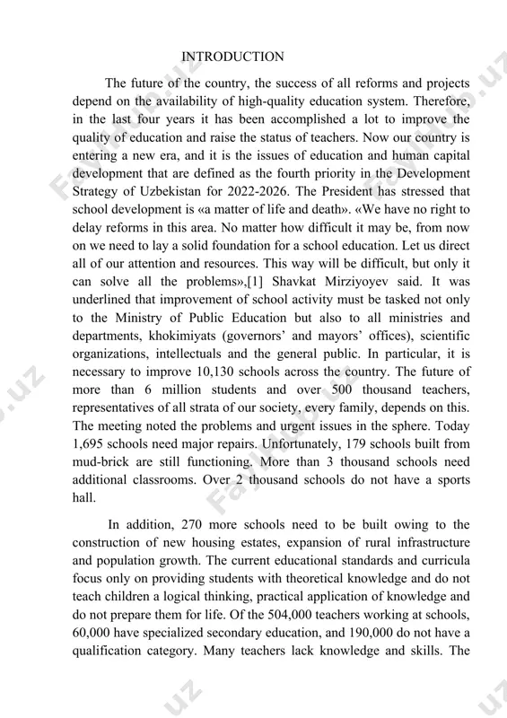 current educational standards and curricula focus only on providing students with theoretical knowledge and do not teach children a logical thinking, practical application of knowledge and do not prepare them for life. of the 504,000 teachers working at schools, 60,000 have specialized secondary education, and 190,000 do not have a qualification category. many teachers lack knowledge and skills. the teachers seek to «get more teaching hours»[2] rather than deliver a quality lesson. there are still more than 200 types of written reports in the school education system, lessons and activities are conducted according to uniform methods. the book fund of school libraries has not been renewed for years. only 615 schools have national musical instruments. a school evaluation, certification and accreditation are done «for the sake of checking the box»[5] and do not contribute to improving the educational environment. such shortcomings demand radical revision of all approaches in the system …