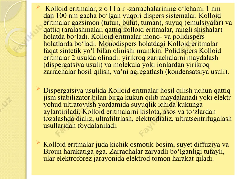 diffuziya koeffistenti d va siljish vaqti ∆t o’rtasidagi bog’liqlikni aniqladi. ∆x2 = 2d*∆t (1); d = (rt)/ (na) * 1 / (6 π r η) (2) agar d (2) ni (1) qo’ysak u xolda∆x2=1/3*(rt)/(nπrη)*∆t kelib chiqadi. tenglamadagi n dan boshqa barcha kattaliklarni tajribadan topish va ulardan foydalanib n (avagadro soni) ni xisoblab chiqarish mumkin. perren tajribalar asosida avagadro soni 6,85 * 1023 ekanligini topdi. diffuziya broun xarakati tufayli modda zarrachalarining suyuqlik ichida o’z-o’zicha xarakat qilishi diffuziya deyiladi. kolloid zarrachalarning xajm va og’irligi jixatidan molekulalardan katta bo’lganligi sababli, kolloid zarrachalarning issiqlik xarakati, diffuziya tezligi molekulalarga nisbatan kam bo’ladi. fik qonuniga ko’ra eritmaning bir-biridan dx oraliqda turgan ikki joyi o’rtasidagi konstentrastiyalar ayirmasi dc bo’lsa, eritmaning katta konstentrastiyali joydan kichik konstentrastiyali joyga s yuza orqali dt sekundda o’tadigan modda miqdori dm ni quyidagi tenglama bilan topish mumkin. dc/dx : dm = - ds ( dc/dx) dt. “-“ belgisi cheksiz kichik diffuziya yo’lida konstentrastiyaning …