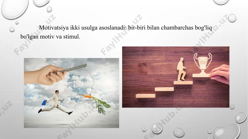 ar va boshqalar. ikkinchisiga o'z intellektual salohiyatidan foydalanish imkoniyatlari, kasb-hunar o'rgatish va malaka oshirish imkoniyatlari, o'quv markazining mavjudligi, martaba istiqbollari, xodimlarni ijtimoiy himoya qilish, xavfsiz va qulay mehnat sharoitlarini yaratish, ma'naviy mukofotlar (“ o’z kasbining ustasi ", "oyning eng yaxshi xodimi" va boshqalar), jamoada qulay psixologik iqlim, qayta aloqa tizimi, oddiy ishchilarning rahbariyat bilan muntazam uchrashuvlari. nostandart rag’batlar xodimlar uchun oshxona; ishchilar uchun bepul qahva va qahva mashinasi; dam olish uchun kabinet; sport zali; massaj kreslosi; kino zali. lavozimlar uchun qiziqarli nomlar motivatsiya nazariyalari mak klelland ehtiyojlarni paydo bo’lish nazariyasi — muvaffaqiyatga ehtiyoj, qo‘yilgan maqsadlarga erishishga avvaligiga qaraganda samaraliroq intilish; — daxldorlikka ehtiyoj, u atrofdagilar bilan yaxshi munosabatlarni qidirib topish va o£rnatish, ulardan yordam olish orqali amalga oshiriladi. ularni qanoatlantirish uchun egalariga keng aloqalar, axborotlar bilan ta’minlanishi va boshqalar zarur; — hukmronlikka ehtiyoj (ma’muriy, obro‘, iqtidor va h.k.), u odamlar xulqiga ta’sir ko£rsatish, ularning harakatlari uchun javobgarlikni o£ziga olishga intilishdan …