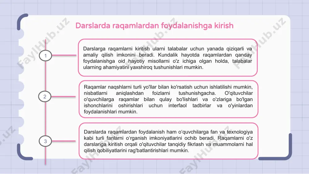 rni o'z ichiga olgan holda, siz ularning e'tiborini jalb qilishingiz va matematik tushunchalarni tushunishlarini yaxshilashingiz mumkin. talabalarni ijodiy fikrlashga va muammolarni hal qilishning turli usullarini o'rganishga undash orqali matematikani qiziqarli qiling. haqiqiy misollarni o'z ichiga olish va matematik tushunchalarni kundalik vaziyatlarga qo'llash ham matematikani o'quvchilar uchun yanada mos va qiziqarli qiladi. oxir oqibat, matematikani talabalar uchun qiziqarli qilishning kaliti bu inklyuziv va ijobiy ta'lim muhitini yaratishdir. matematikaga bo'lgan muhabbatni kuchaytirish va uning amaliy qo'llanilishini ta'kidlash orqali siz o'quvchilarning o'ziga bo'lgan ishonchini oshirishga va matematika darslarida ko'proq ishtirok etishga yordam bera olasiz. 1 2 3 matematik tushunchalarni real hayotda qo‘llash orqali o‘rgatish matematik tushunchalarni o‘rgatishda hayotiy vaziyatlardan foydalanish samarali usul hisoblanadi. masalan, avtomobil bosib o'tgan masofani hisoblash o'quvchilarga tezlik va vaqtni tushunishga yordam beradi. raqamli masalalarni turli fanlarga kiritish matematikani o‘qitishning yana bir usuli hisoblanadi. masalan, fan, geografiya yoki tarix darslarida ma’lumotlardan foydalanish o‘quvchilarga mavzu bilan bog‘lanishiga yordam beradi. darslarda raqamlardan …