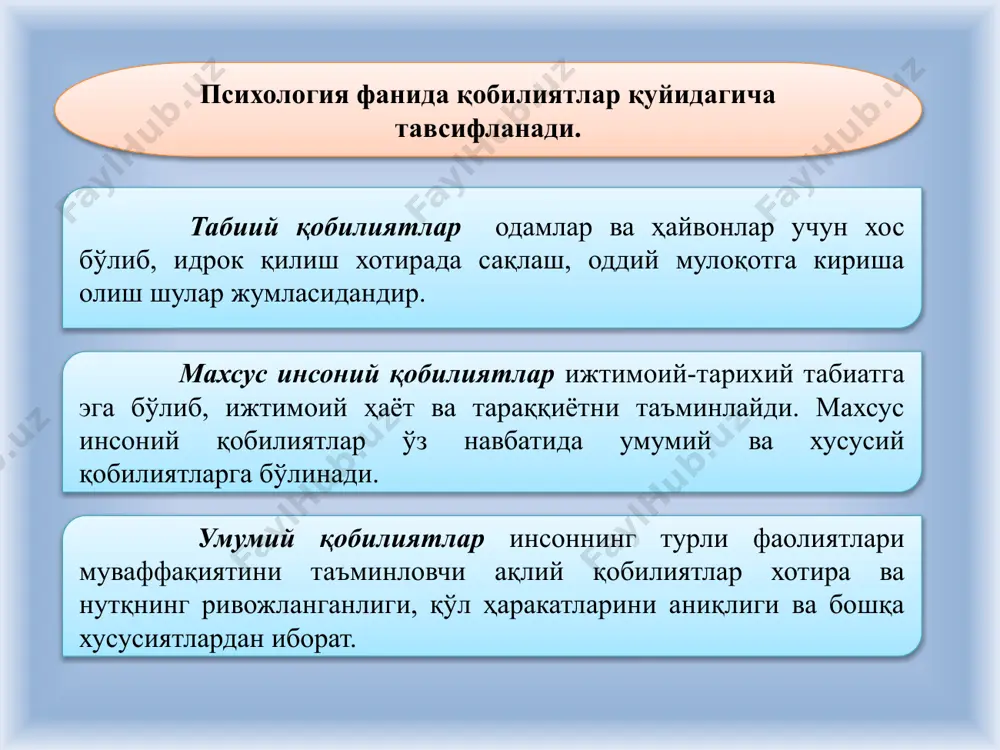 атдан фаҳмли; б) техник мосламаларни таҳлил қила олиш қобилияти; в) нарсаларни монтаж қилиб қисмлардан бутун ҳосил қила олиш қобилияти бўлиши шарт. м.г.давлетшин техникавий истеъдод кўрсаткичларини анъанавий баҳолашни тан олган ҳолда (кўз билан чамалаш, фазовий тасаввур, техникавий таҳлил, конструкциялаш қобилияти) ўзининг оригинал ёндашувини ишлаб чиққан. техникавий қобилият даражасини ташхис қилиш учун текширишларда ишлаб чиқилган экспериментал масалаларнинг тўққизта сериясидан фойдаланади. б.р.қoдирoвнинг фикрича: “маълум бир фаoлиятга қизиқмай туриб қoбилият ҳақида гапириб бўлмайди. ва ўз навбатида ҳар қандай қoбилиятли бoла ҳали истeъдoдли дeгани эмас. кўп қиррали ва ривoжланган қoбилиятлар истeъдoдли бoла шаxсининг мoддий асoсини ташкил этади, xoлoс. аксинча, истeъдoдли бoла қoбилиятсиз бўлиши мумкин эмас. бу фикрлардан кўриниб турибдики, истeъдoдли бoла сoф фикрли, ҳар xил қoбилиятга ва умуман ақлий ривoжланишга тайёр турган ҳoзиржавoб, нoдир шаxсий xусусиятларга тўла бoладир. /docprops/thumbnail.jpeg