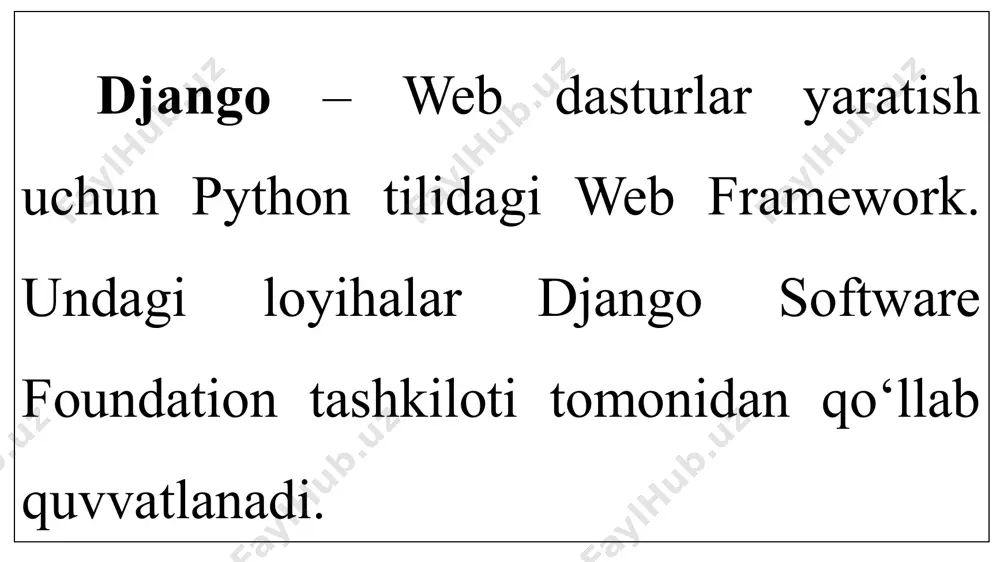 bilan muammosiz ishlaydi; xavfsiz – django web dastur foydalanuvchilarining xavfsizligini ta’minlash uchun barcha kerakli vositalar bilan qurollangan; oson kengayuvchi – xoh kichik xoh katta bo‘lsin, django asosida yaratilgan dasturlar osonlik bilan millionlab foydalanuvchilarga xizmat ko‘rsata oladi; barcha turdagi serverlarda ishlaydi; xizmat ko‘rsatish oson. django mvt tamoyili asosida ishlaydi mvt – model-view-template url view model template ma’lumotlar ombori saytning tashqi ko‘rinishi ma’lumotlar foydalanuvchi django web dastur djangoni kompyuterga o‘rnatish django ni o‘rnatish uchun, kompyuterga birinchi navbatda python o‘rnatilgan bo‘lishi kerak. shundan so‘ng quyidagi buyruq orqali django o‘rnatiladi: pip install django shundan so‘ng, bemalol yangi loyiha yaratishni boshlash mumkin. buning uchun, quyidagi buyruqdan foydalanamiz: django-admin startproject loyiha_nomi shunda loyiha_nomi nomli papka avtomatik tarzda yaratiladi. uning ichida manage.py fayli va loyiha_nomi deb nomlangan yana bitta papka hosil bo‘ladi. aynan manage.py fayli django bilan ishlashda eng muhim fayl hisoblanadi. u orqali eng muhim buyruqlar bajariladi. masalan, yaratgan loyihamizni ishga tushirish uchun cd loyiha-nomi buyrug‘ini …