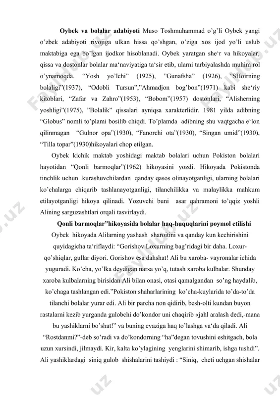 ngan edi.”pokiston shaharlarining ko’cha-kuylarida to’da-to’da tilanchi bolalar yurar edi. ali bir parcha non qidirib, besh-olti kundan buyon rastalarni kezib yurganda gulobchi do’kondor uni chaqirib «jahl aralash dedi,-mana bu yashiklarni bo’shat!” va buning evaziga haq to’lashga va‘da qiladi. ali “rostdanmi?”-deb so’radi va do’kondorning “ha”degan tovushini eshitgach, bola uzun xursindi, jilmaydi. kir, kalta ko’ylagining yenglarini shimarib, ishga tushdi”. ali yashiklardagi siniq gulob shishalarini tashiydi : “siniq, cheti uchgan shishalar va berahm quyoshning issig’i uni xunob qilar, kichik barmoqlari tilingan , qo’llari qon. ammo och, tentirab yurishdan charchagan bola bu xizmatdan vaqti xush” edi. ”isqirt, juldur, cho’pday oriq bolalar bolaning qonagan qo’llariga tikildilar”. bolalar aliga ko’mak bermoqchi bo’lganlarida u “raxmat” deb javob berdi. ali och-nahor, barmoqlarini shisha siniqlari kesib achitishiga , bir parcha non topishning nihoyatda azob-uqubatlari va mashaqqatlariga qaramay do’kondor gulobchining og’ir ishini bajaradi. do’kondor “bir qutini ochib, yupqa “chapati”-nonni uloqtiradi. ali ilib oldi, quvonib dedi :” -darrov borib, ayamga beraman, u …