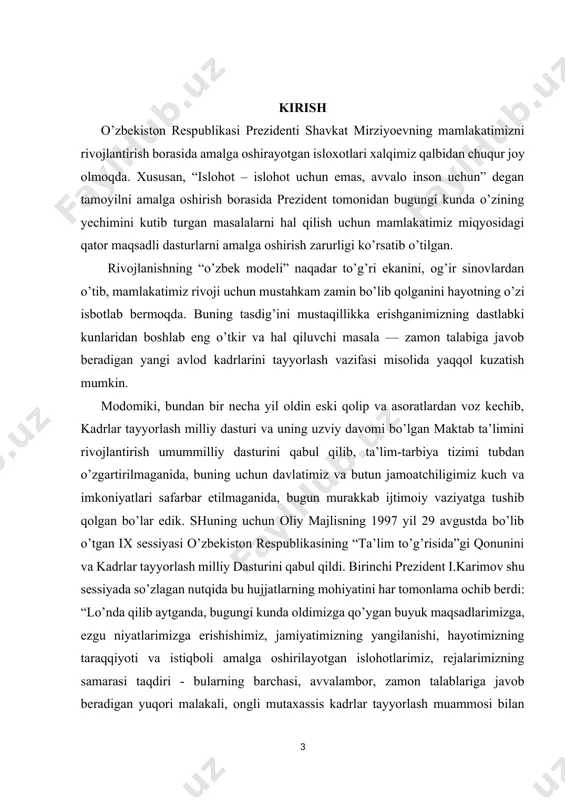 . [1: islom karimov. xavfsizlik va barqarorlik yo’lida. asarlar, 6-jild. – t.: “o’zbekiston”, 1998 yil, 325-bet. islom karimov. biz kelajagimizni o’z qo’limiz bilan quramiz. asarlar, 7-jild. – t.: “o’zbekiston”, 1999 yil, 135-bet. ] [2: islom karimov. xavfsizlik va barqarorlik yo’lida. asarlar, 6-jild. – t.: “o’zbekiston”, 1998 yil, 325-bet.] [3: islom karimov. biz kelajagimizni o’z qo’limiz bilan quramiz. asarlar, 7-jild. – t.: “o’zbekiston”, 1999 yil, 135-bet.] kadrlar tayyorlash milliy dasturi asosida mamlakatimizda 9+3 sxemasi bo’yicha 12 yillik uzluksiz umumiy ta’lim tizimiga o’tildi, yangi tipdagi, zamonaviy maktab, kollej va litseylar qurildi, oliy ta’lim tizimi jahon tajribasi va iqtisodiyotimiz, jamiyatimiz va davlatimizning barqaror o’sish talablaridan kelib chiqib qaytadan barpo etildi, ularning moddiy-texnik bazasi, saboq berish standartlari butunlay yangilandi. o’zbekiston respublikasi prezidenti shavkat mirziyoev ushbu yo’nalishdagi islohotlarni nafaqat uzviy davom ettirish, balki uni yangi bosqichga olib chiqishga birinchi darajali vazifalar qatorida e’tibor qaratmoqda. jumladan, maktabgacha ta’lim tizimini yanada takomillashtirish, moddiy-texnika bazasini mustahkamlash, maktabgacha ta’lim …