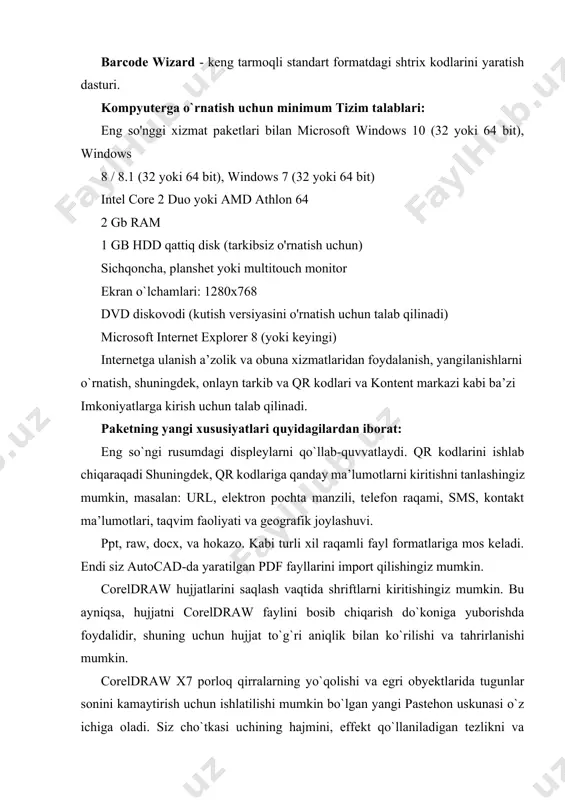 , elektron pochta manzili, telefon raqami, sms, kontakt ma’lumotlari, taqvim faoliyati va geografik joylashuvi. ppt, raw, docx, va hokazo. kabi turli xil raqamli fayl formatlariga mos keladi. endi siz autocad-da yaratilgan pdf fayllarini import qilishingiz mumkin. coreldraw hujjatlarini saqlash vaqtida shriftlarni kiritishingiz mumkin. bu ayniqsa, hujjatni coreldraw faylini bosib chiqarish do`koniga yuborishda foydalidir, shuning uchun hujjat to`g`ri aniqlik bilan ko`rilishi va tahrirlanishi mumkin. coreldraw x7 porloq qirralarning yo`qolishi va egri obyektlarida tugunlar sonini kamaytirish uchun ishlatilishi mumkin bo`lgan yangi pastehon uskunasi o`z ichiga oladi. siz cho`tkasi uchining hajmini, effekt qo`llaniladigan tezlikni va raqamli qalam yoki qalamga qo`llaniladigan bosimni o`zgartirib, yumshatuvchi ta’sirini boshqarishingiz mumkin. holat satri endi tanlangan obyekt haqidagi rangli, to`ldirish va holat turi va kursorning pozitsiyasi kabi foydali ma’lumotlarni o`z ichiga oladi. holat paneli dastur oynasining yuqori qismiga joylashtirilishi mumkin, bu esa chizmaga oid ma’lumotlarni ko`rishni osonlashtiradi. shrift kattaligi klaviatura yorliqlari yordamida o`zgartirilishi mumkin va buyruqlar maxsus tasvirchalarga berilishi …