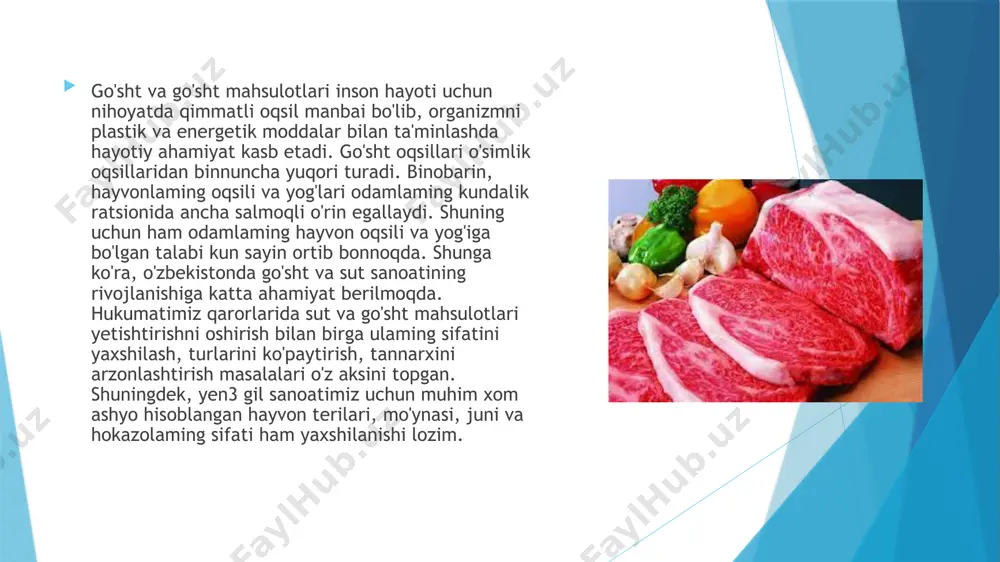 m mol va qo‘y go‘shtidan yuqori turadi. baliq go‘shtining 100 grammida inson salomatligi uchun kerak bo‘ladigan bir kunlik — 0,2 milligramm yod saqlanadi. o‘zida oqsil, vitamin, minerallar, ayniqsa, temir, yod, magniy, fosfor, ruhni saqlagan bu jonzot go‘shtini ko‘p yeng, sababi baliq odamni semirtirmay, organizmga kerakli quvvatni bera oladi. baliqdan ko‘plab foydali moddalar, shuningdek organizm uchun zarur bo‘lgan omega - 3 yog‘ kislotalari mavjud. ular quyidagi foydali xususiyatlarga ega. odatda, daryo balig‘ini qovurib iste'mol qilamiz. ammo bunda yurak va tomirlarga qancha zarar borishini bilasizmi? bu ko‘rinishda baliq nafsni siylagani qoladi. organizmga foyda berishi uchun bugundan boshlab baliqni ziravorlar qo‘shib qaynatma sho‘rvaga solib, yoki gaz pechida pishirib, kotlet tayyorlab yeyishga o‘rganing. ammo qovurma baliqqa ko‘ngil ketaversa, zaytun moyida yengil qovurib, dimlab qo‘ygan ma'qul, vitamin-minerallari saqlanib, tanga darmon bo‘ladi. baliqning go‘shtidan tashqari uning moyi ham organizm uchun koni foyda hisoblanadi. baliq moyidagi d vitamini organizmga kalsiy va fosforning o‘zlashishini faollashtiradi. d vitaminisiz kalsiyga …