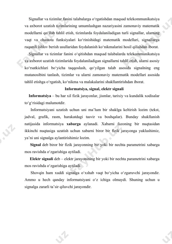 2 rasm. vaqt bo‘yicha diskret signal 1.3 rasm. ko’p sathli, vaqt bo‘yicha uzluksiz signal 1.4 rasm. raqamli signal signallarni o‘zgarishi va qayta ishlovi tizimlarda amalga oshiriladi. signallarni o‘zgartirish va qayta ishlov berish tizimlari qurilmalarda yoki kompyuterlarda programmalar yordamida amalga oshiriladi. shape \* mergeformat xm – xabar manbayi. xsa – xabarni signalga aylantirgich – xabarni birlamchi elektr signaliga aylantirib beradi. uz – uzatgich – birlamchi elektr signalini aloqa liniyasidan uzatishga mo‘ljallangan signalga aylantirib beradi . al – aloqa liniyasi, signalni yo‘naltiruvchi muhit. qq – qabul qilgich - aloqa liniyasidan kelgan signalni qabul qilib uni birlamchi elektr signalga aylantirib beradi. sxa – signalni xabarga aylantirgich - birlamchi elektr signalini xabarga aylantirib beradi. xi – xabar iste’molchisi. ut – uzatish tomoni. qqt – qabul qilgich tomoni. as – diskret aloqa sistemasi. si(t) – aloqa liniyasi bo‘yicha uzatilishga moslashtirilgan signal. ai(t) – xabar v i(t) – birlamchi elektr signali. si(t) – aloqa liniyasi bo‘yicha …