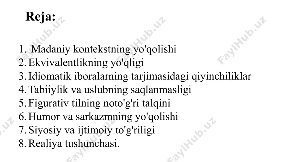 i tarjimasini topish qiyin bo'ladi, chunki u o'zbek madaniyatiga bog'liq ramziy ma'noga ega. tarjimada uning ma'nosini etkazish uchun kontekstni hisobga olish va ekvivalent bo'lmagan metaforani ishlatish kerak bo'ladi. 2. ekvivalentlikning yo'qligi (lack of equivalence): muammo: manba tilidagi ayrim so'zlar, iboralar yoki tushunchalar maqsad tilida to'liq ekvivalentiga ega bo'lmasligi mumkin. misol (o'zbekcha): "hokim" so'zining to'g'ri tarjimasi ingliz tilida kontekstga bog'liq: "governor," "mayor," "ruler," "official," va hokazo. 3. idiomatik iboralarning tarjimasidagi qiyinchiliklar (difficulties in translating idioms): muammo: idiomalar so'zma-so'z tarjima qilinishi mumkin emas, chunki ularning ma'nosi so'zlari yig'indisidan farq qiladi. misol (o'zbekcha): "suv tegindi" degan iboraning to'g'ri tarjimasini ingliz tiliga topish qiyin. misol (inglizcha): "to beat around the bush" (aylanib gapirish) to'g'ridan-to'g'ri tarjima qilinmaydi. ingliz tilida: water touched. rus tilida: вода коснулась. tarjimasi: ammo, bu so'zma-so'z tarjima iboraning asosiy ma'nosini yetkazmaydi. "suv tegindi" iborasi o'zbek tilining idiomati bo'lib, "biroz ichdi", "ichkilik ichdi" degan ma'noni bildiradi. shuning uchun, bu iborani boshqa tilda ishlatishda …