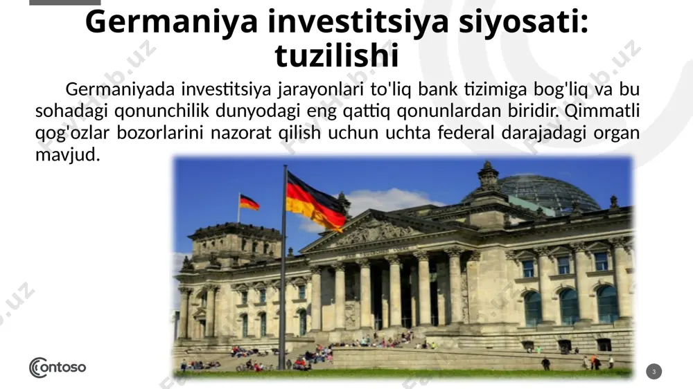 rmaniyada, agar reklamadagi ma'lumotlar haqiqatga to'g'ri kelmasa, kompaniya tugatilishi mumkin. 12 germaniya savdo kodeksi germaniya savdo kodeksi . bu erda kompaniyaning reklamasi kengaytirilgan formatda va taqdim etilgan ma'lumotlar turida tasvirlangan. har bir tashkilot ro'yxatdan o'tishda yuridik sertifikatga ega bo'lishi kerak. bu firmaning da'volarini tavsiflovchi hujjat. 13 14 germaniya iqtisodiy qonunlar germaniya iqtisodiy qonunlariga nafaqat davlat kompaniyalari bo'ysunadi. muassasalar, banklar va shunga o'xshash tashkilotlar bir xil qoidalarga amal qiladi.aytgancha, faqat bank depozitariyga, qimmatli qog'ozlarni saqlash joyiga aylanishi mumkin.keling, qisqacha xulosa qilaylik. bir tomondan, yuqori, ammo barqaror daromad solig'i o'rnatildi. boshqa tomondan, germaniyaning sarmoyaviy obro'si yuqori darajada.nemis tashkilotlariga sarmoya kiritish ishonchli foyda manbai hisoblanadi. davlat qonunni amalga oshiradi. bundan tashqari, mamlakat iqtisodiyoti sanoat, texnologik, tibbiyot va innovatsion sohalarda rivojlangan. 15 investitsiyalar bozor islohotlarini chuqurlashtirish, xususiy sektorni rivojlantirish va iqtisodiyot tarkibini modernizatsiyalashga qaratilgan hukumat siyosati, shuningdek, 2008 yil investitsiya dasturi, iqtisodiyotning eng muhim tarmoqlarini modernizatsiyalash va texnik qayta jihozlash dasturlarini amalga oshirish bo‘yicha …