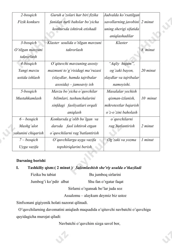 lashish she’riy usulda o’tkaziladi fizika bu tabiat bu jumboq sirlarini jumbog’i ko’pdir albat shu fan o’rgatar faqat sirlarni o’rgansak bo’lar juda soz assalomu – alaykum deymiz biz ustoz sinfxonani gigiyenik holati nazorat qilinadi. o’quvchilarning davomatini aniqlash maqsadida o’qituvchi navbatchi o’quvchiga quyidagicha murojat qiladi: navbatchi o’quvchim sizga savol bor, tabiatga boqing, kelibdi bahor, bugungi darsimiz go’yo chamanzor, chamanzorda kimlar bo’lishgan tayyor. navbatchi quyidagicha javob beradi: ustoz savoliga javobim tayyor , haqiqat kelibdi olamga bahor , bahoriy kayfiyat bo’lsin bizga yor, fizika darsida barchamiz tayyor. o’quvchilarni darsga tayyorgarligini kuzatish maqsadida ilmsiz kishiga kasallik bo’lar, kasal emlanmasa yashamas o’lar. kel – ey kasalingni tuzatgin nodon, bilimsiz tubandir, bilimli shodan. ilmni izlangiz har vaqtu – har on , nechun yig’ilganmiz sinfda shu on? deya o’quvchilarga murojat qilinadi. o’quvchilar birgalikda javob berishadi: o’quv qut beradi, bilim sharaf – shon shu ikkov tufayli ulug’dir inson tabiat sirlarin o’rgatar obdon fizika darsi chun yig’ildik shu on. darsni …