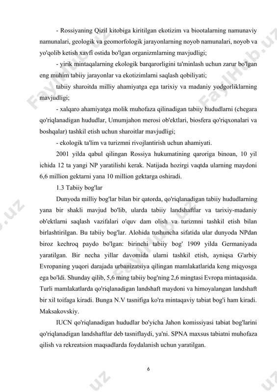 ularni tashkil etish, ayniqsa g'arbiy evropaning yuqori darajada urbanizatsiya qilingan mamlakatlarida keng miqyosga ega bo'ldi. shunday qilib, 5,6 ming tabiiy bog'ning 2,6 mingtasi evropa mintaqasida. turli mamlakatlarda qo'riqlanadigan landshaft maydoni va himoyalangan landshaft bir xil toifaga kiradi. bunga n.v tasnifiga ko'ra mintaqaviy tabiat bog'i ham kiradi. maksakovskiy. iucn qo'riqlanadigan hududlar bo'yicha jahon komissiyasi tabiat bog'larini qo'riqlanadigan landshaftlar deb tasniflaydi, ya'ni. spna maxsus tabiatni muhofaza qilish va rekreatsion maqsadlarda foydalanish uchun yaratilgan. rossiyada tabiat bog'i yangi hisoblanadi va muhofaza qilinadigan hududlar shakllarining mazmuni jihatidan hali ochilmagan. rossiyada tabiiy bog'ning kontseptsiyasi birinchi marta 1995 yilda "maxsus qo'riqlanadigan tabiiy hududlar to'g'risida" federal qonunida tasdiqlangan. bungacha ular amalda o'sha paytda amalda bo'lgan "davlat tabiiy milliy bog'lari to'g'risida namunaviy nizom" asosida np bilan "birlashtirilgan". qonunga binoan, tabiiy bog'lar deganda “atrof-muhitni sog'lomlashtirish muassasalari, hududlar (suv zonalari) tabiiy majmualar va muhim ekologik va estetik ahamiyatga ega bo'lgan va ekologik, ta'lim va rekreatsiya maqsadlarida foydalanish uchun mo'ljallangan” tushuniladi. …