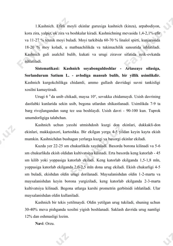 adi, tarkibida 80%gacha anetol spirti buladi. moyi tabobatda, likyor, spirt va kandolatchilik sanoatida ishlatiladi. urugida 16-20 % texnik moy xam buladi, u sovun kaynatishda kullaniladi. kunjarasi yukori tuyimli ozuka xisoblanadi. arpabodiyon asal beruvchi usimlik. arpabodiyon keng tarkalgan usimlik, mingta mevasining vazni 3,5-4,0 g. buladi. usish davri 120-130 kun. xosildorligi 1 gektardan 0,5-1,5 t urug olingan. usish sharoitiga talabchan, tuprok toza va unumdor bulishi kerak. erta baxorda yoppasiga katorlab yoki keng katorlab (45-60sm) ekiladi. yoppasiga katorlab ekilganda gektariga 5 mln. dona urug ekiladi, keng katorlab ekilganda 2,5-3,0 mln.dona ekiladi. albatta utok kilinadi, bunda kashnich aralashgan bulsa u xam yuk kilinadi. arpabodiyon bir tekisda yetilmaydi. gultuplamining urta kismidagi mevalari yetilganda xosil yigiladi. saklanadigan urug namligi 12%dan yukori bulmasligi talab kilinadi. 3.kora zira. kora zira soyabonguldoshlar - ar1aseaye oilasiga, sarum carvi l avlodiga mansub ikki yillik usimlikdir. birinchi yili uk ildizi va barg dastasi rivojlanadi, ikkinchi yili meva xosil kiladi. gultuplami soyabon, mevasida …