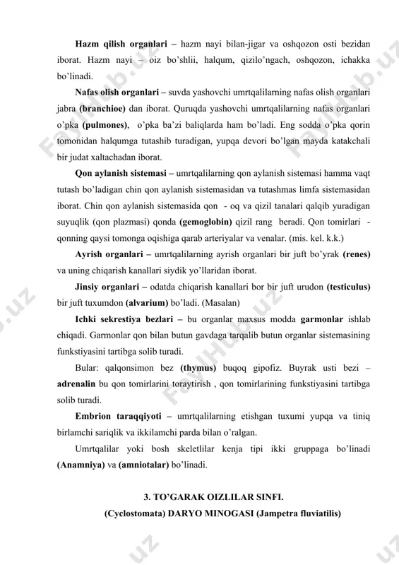 ta) daryo minogasi (jampetra fluviatilis) bu sinfning bizning davrimizga qadar yashab kelgan birdan-bir vakillari minogalar (petromyzones) bilan miksinalar (myxini) hozirgi zamondagi umrtqalilarning eng soddalaridir. bu sinfdaga haqiqiy ja bo’lmaydi, ularning oiz teshigi bevosita tashqariga ochilmay. balki o’ziga xos so’rich varonkaning tagiga ochilgan. bular 2 ta kenja sinfga bo’linadi. 1. minogalar (petromyzones) 2. miksinalar (myxini) daryo minogasi – daryo minogasi chala parazitlarcha xayot kechiradi va tirik hamda karaxt baliqlarning gavdasiga so’richi bilan yopishib qonini so’rib yashaydi. tashqi ko’rinishi – bo’yi 40 smgacha boradi va ilonga o’xshaydi. tanasi uch qismga bosh, tana va dum qismlarga bo’linadi va chegarasiz bir-biri bilan qo’shilib ketgan. boshining oldingi qismini pastida oiz varonkasi joylashgan. oiz oldi varonkasining yon va ustki tomonlarida o’ziga xos shox tishlar, til-tilning uchlarida ham bir qancha mayda tilchalar bor. boshning ikki yon tomonida bir juft ko’zi bor. ikkila ko’z o’rtasida bitta toq burun teshigi bor. boshining ikki yon tomonidan mayda yumaloq jabra teshiklari …