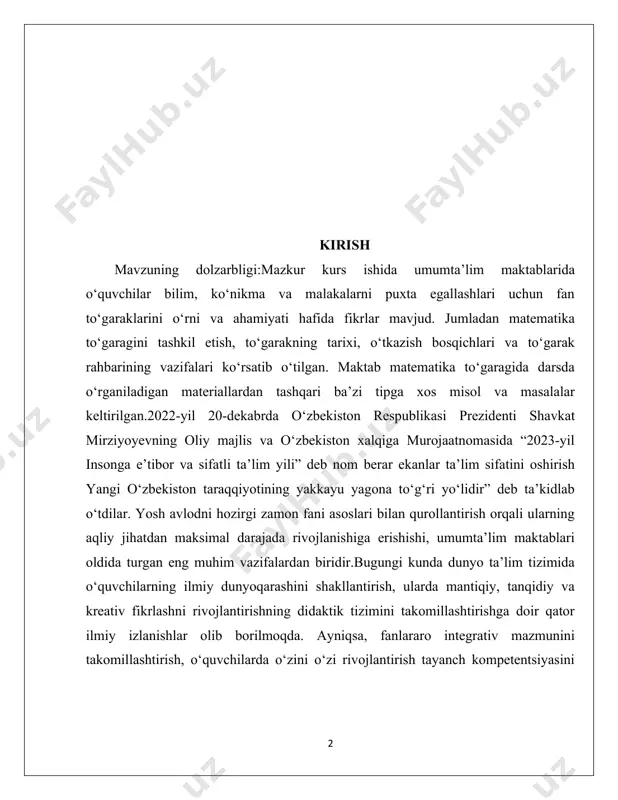 tizimida o‘quvchilarning ilmiy dunyoqarashini shakllantirish, ularda mantiqiy, tanqidiy va kreativ fikrlashni rivojlantirishning didaktik tizimini takomillashtirishga doir qator ilmiy izlanishlar olib borilmoqda. ayniqsa, fanlararo integrativ mazmunini takomillashtirish, o‘quvchilarda o‘zini o‘zi rivojlantirish tayanch kompetentsiyasini shakllantirish orqali intellektual-mantiqiy rivojlantirishning ijtimoiypedagogik mexanizmlarini takomillashtirish, o‘quvchi- larda ilmiy dunyoqarashni fanlararo aloqadorlik asosida shakllantirishning didaktik ta’minotini rivojlantirishda alohida ahamiyat kasb etadi.binobarin, boshlang‘ich sinflarda matematikadan sinfdan tashqari ishlarni takomillashtirish o‘quvchilarda ilmiy dunyoqarashini fanlararo aloqadorlik asosida shakllantirish dars mashg‘ulotlarida egallangan bilimlarini kenaytirish va chuqurlashtirishga qaratilgan. shuningdek, maktab tajribasida matematikadan sinfdan tashqari ishlarning quyidagi turlari uchraydi: matematik o‘n minutlik, qiziqarli matematik soat, matematik ertak, viktorina, tanlov, olimpiada hamda matematik burchaklarni rasmiylashtirish. bu mashg‘ulot turlaridan ba’zilari muntazamlik harakteriga ega (qiziqarli matematik minutlik, soatlik, to‘garak), ba’zilari epizodlik xarakterga ega (viktorina, konkurs, olimpiada, ertalik, matematik jang va boshqa turlar).sinfdan tashqari ishlar deganda ko‘pincha yuqori sinflar nazarda tutiladi. lekin ilg‘or tajribalarning tasdiqlashicha, boshlang‘ich sinflarda ham sinfdan tashqari mashg‘ulotlar turlituman shakllarda olib borish imkoniyatlari mavjud. …
