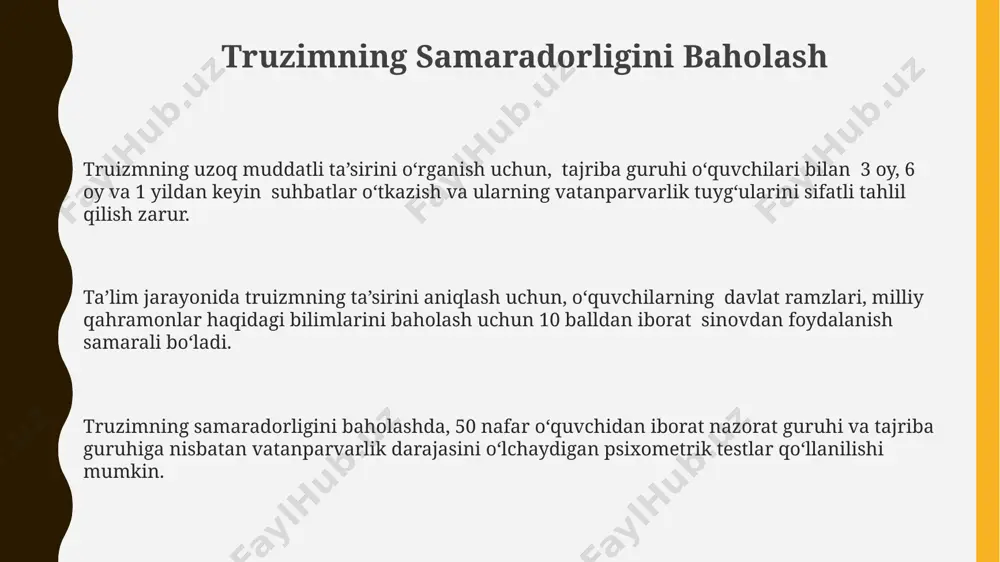rvarlik hissini 40% ga kuchaytirishga yordam beradi deb taxmin qilinadi. ijtimoiy-siyosiy faollikni tarbiyalashda turizm, 30% ga yaqin o'quvchilarning vatanga muhabbat tuyg'ularini kuchaytirishda samarali vosita sifatida aniqlangan. tadqiqotlar shuni ko'rsatadiki, 5 dan ortiq turistik sayohatlar o'quvchilarda milliy madaniyat va tarixga bo'lgan qiziqishni 2 barobar oshiradi, bu esa vatanparvarlik tuyg'usini rivojlantirishga yordam beradi. kelajak rejalar va tavsiyalar tavsiyalar orasida, mintaqaviy o'ziga xoslikni hisobga olgan holda, kamida 10 ta yangi pedagogik turizm yo'nalishlarini yaratish va ularni zamonaviy texnologiyalar bilan jihozlash kiradi. pedagogik turizmning samaradorligini baholash uchun 2 yilda bir marta monitoring o'tkazish va natijalarga ko'ra dasturlarni takomillashtirish rejalashtirilgan. kelajak rejalar, 5 yil ichida maktab o'quvchilarining vatanparvarlik tuyg'usini 30% ga oshirishga qaratilgan pedagogik turizm dasturlarini ishlab chiqish va joriy etishni o'z ichiga oladi. vatanga muhabbatni tarbiyalashda zamonaviy truzim usullari virtual sayohatlar va 3d modellashtirish orqali tarixiy joylarni o'rganish, o'quvchilarning vatan tarixiga bo'lgan qiziqishini 35% ga oshirib, milliy g'urur tuyg'usini mustahkamlaydi. ijtimoiy tarmoqlar orqali vatanparvarlik …