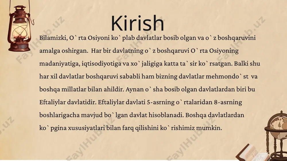 lib kelgan. - tovar ishlab chiqarish: eftaliylar to'qimachilik va metall ishlov berish kabi sohalarda faoliyat yuritib, o'zhanuz mahsulotlar ishlab chiqarishgan. 4. tashqi aloqa eftaliylar boshqa xalqlar va davlatlar bilan iqtisodiy aloqalar o'rnatgan. bu aloqalar orqali: - baholash: eftaliylar boshqa xalqlardan xilma-xil mahsulotlarni import qilgan va o'zlarining qishloq xo'jaligi va hunarmandchilik mahsulotlarini eksport qilgan. - madaniy almashinuv: iqtisodiy aloqalar eftaliylar madaniyati va tarixi uchun ham muhim ahamiyatga ega bo'lgan. 5. valyuta va moliya eftaliylar dastlab almashinuv usulidan foydalanishgan, keyinchalik esa oʻzlarining fiziyalari bo'lgan tangalarni ishlatgan. bu, o'z navbatida, iqtisodiy faoliyatni yanada tartibli va qulay qilishga yordam bergan. eftaliylar iqtisodiyoti o'z zamonining murakkab va rivojlangan tizimlaridan biri sifatida tarixda muhim o'rin tutadi. ularning savdo va qishloq xo'jaligi faoliyatlari nafaqat davlat uchun, balki boshqa xalqlar bilan aloqalar uchun ham katta ahamiyatga ega bo'lgan. eftaliylar davlat boshqaruvi va davlatning tanazzulga yuz tutishi eftaliylar davlati boshqaruvi, asosan, feodal tizim asosida tashkil topgan. ularning davlat tuzilishi …