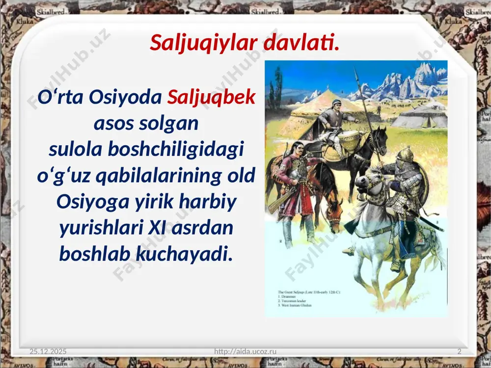 rkiy qabilalarning mahalliy aholi bilan aralashishi yangi etnos – turk xalqining shakllanishiga asos bo‘ladi. 08.08.2019 http://aida.ucoz.ru 13 jarayon xiii asrning 20–30-yillarida kuchayadi. 08.08.2019 http://aida.ucoz.ru 14 xiv asr boshlariga kelib, kichik osiyodagi saljuqiylar davlati parchalanib ketadi. lekin 1243-yildagi mo‘g‘ullar bosqini davlatning keyingi taraqqiyotiga salbiy ta’sir ko‘rsatadi. savol va topshiriqlar 1. kichik osiyodagi saljuqiylar davlati qachon tashkil topgan? 2. turklarning ijtimoiy tuzumi haqida nimalarni eslab qoldingiz? 3. yer egaligiga asoslangan saljuqiylar davlati qaysi asrlarda qaror topgan? 4. turk xalqining shakllanishi haqida nimalarni bilasiz? 08.08.2019 http://aida.ucoz.ru 15 image2.jpeg image3.jpeg image4.jpeg image5.jpeg image6.jpeg image7.jpeg image8.jpeg image9.jpeg image10.png image11.jpeg image12.jpeg image13.jpeg image14.jpeg image15.png image16.jpeg image1.jpeg